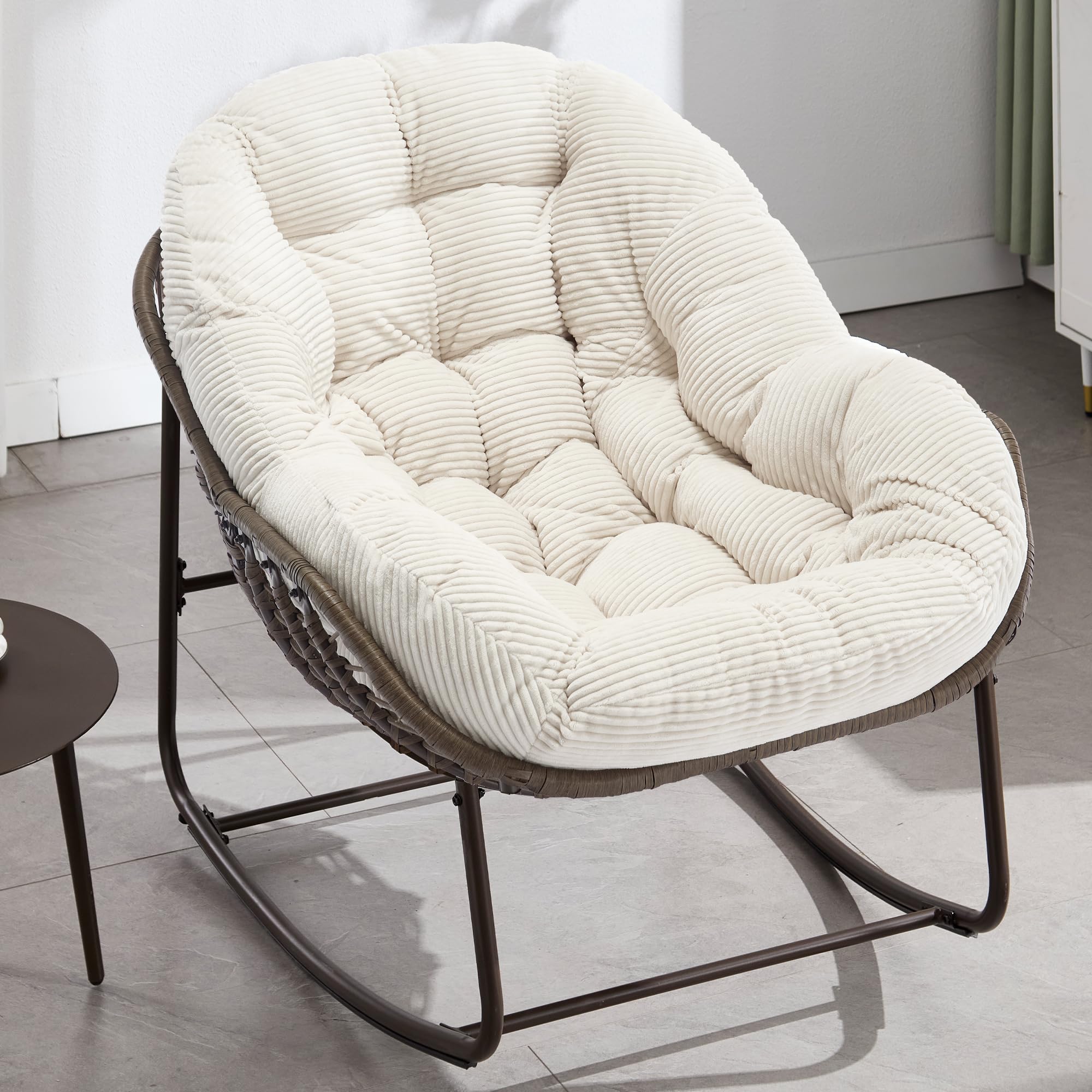 Oversized Papasan Rocking Chair - Outdoor Luxury Comfy Patio Chair, Indoor Egg Royal Rattan Rocking Chair with Strip Velvet Cushion for Front Porch Lounge Lawn Bedroom Living Room (Navy)