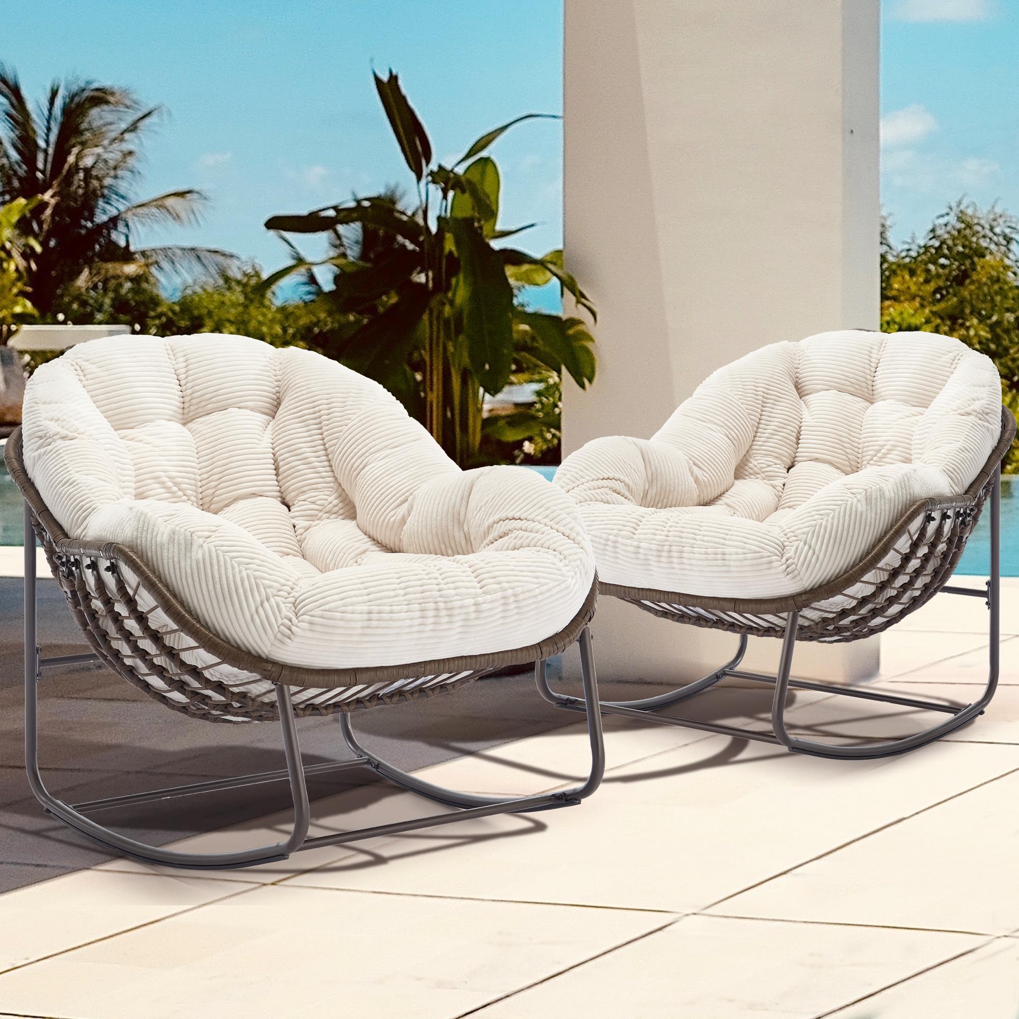 Oversized Papasan Rocking Chair - Outdoor Luxury Comfy Patio Chair, Indoor Egg Royal Rattan Rocking Chair with Strip Velvet Cushion for Front Porch Lounge Lawn Bedroom Living Room (Navy)