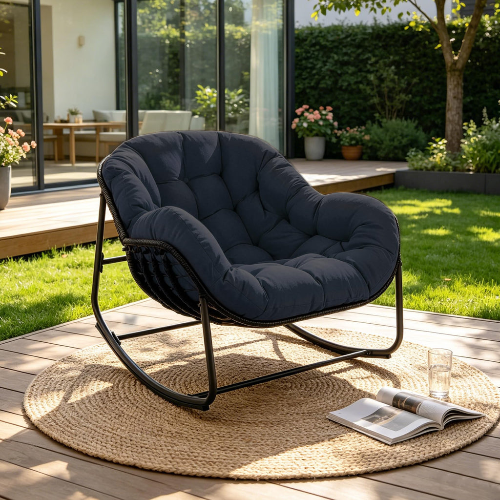 Papasan Rocking Chair Indoor & Outdoor, All Weather Wicker Papasan Patio Chair with Cushion & Pillow, Oversized Papasan Rocker Egg Chair for Bedroom, Garden, Patio - Red.