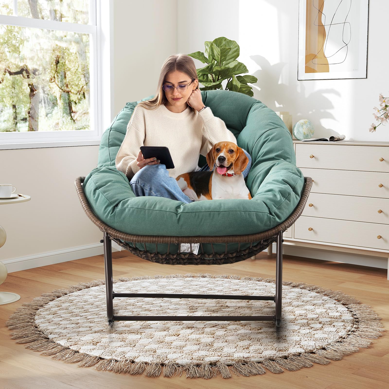 Large Indoor Outdoor Rocking Chair, Oversized Rocking Papasan Chair with Thick Cushion and Frame Outdoor Rocker, Comfy Wicker Egg Chairs Lounge for Outside Porch Patio Backyard Balcony (Beige)