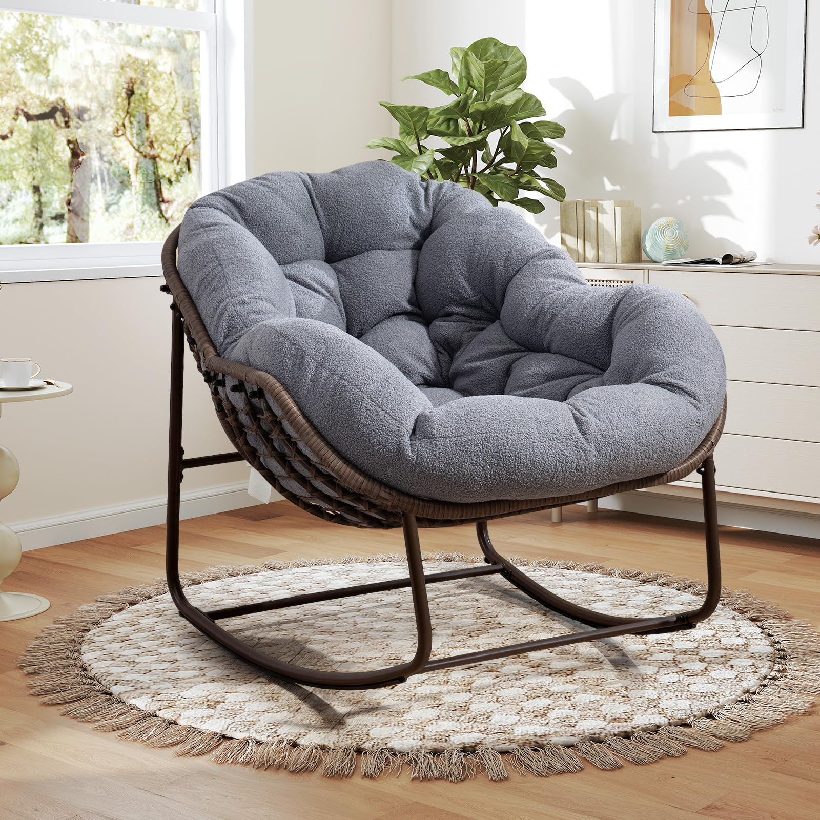Large Indoor Outdoor Rocking Chair, Oversized Rocking Papasan Chair with Thick Cushion and Frame Outdoor Rocker, Comfy Wicker Egg Chairs Lounge for Outside Porch Patio Backyard Balcony (Beige)