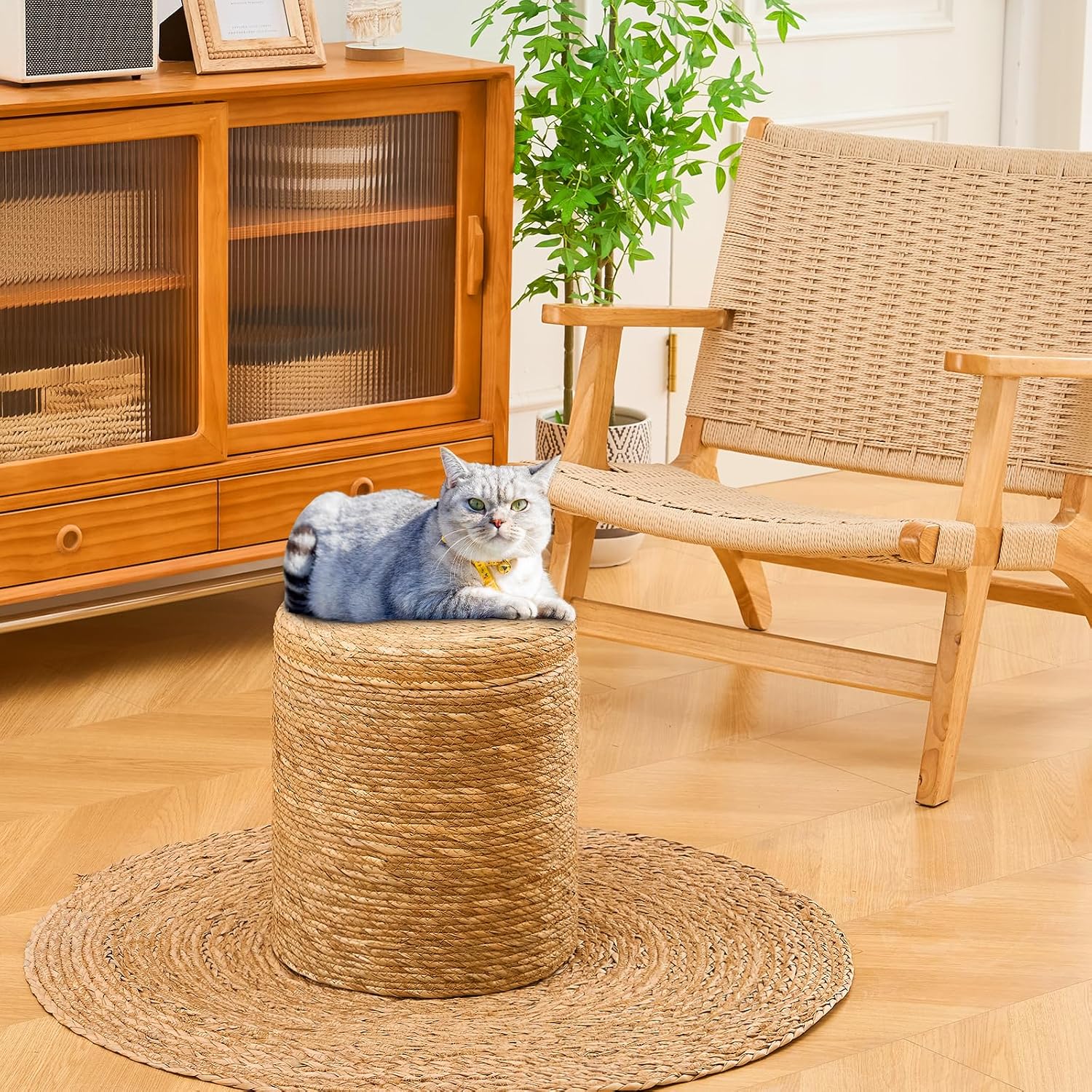 Wimarsbon Storage Pouf Ottoman, Hand Weaving Natural Straw Foot Stool, Bohemian Round Patio Ottomans, Rustic Lounge Pouffe, Outdoor Extra Seat for Garden (14inch Natural Cattail L)