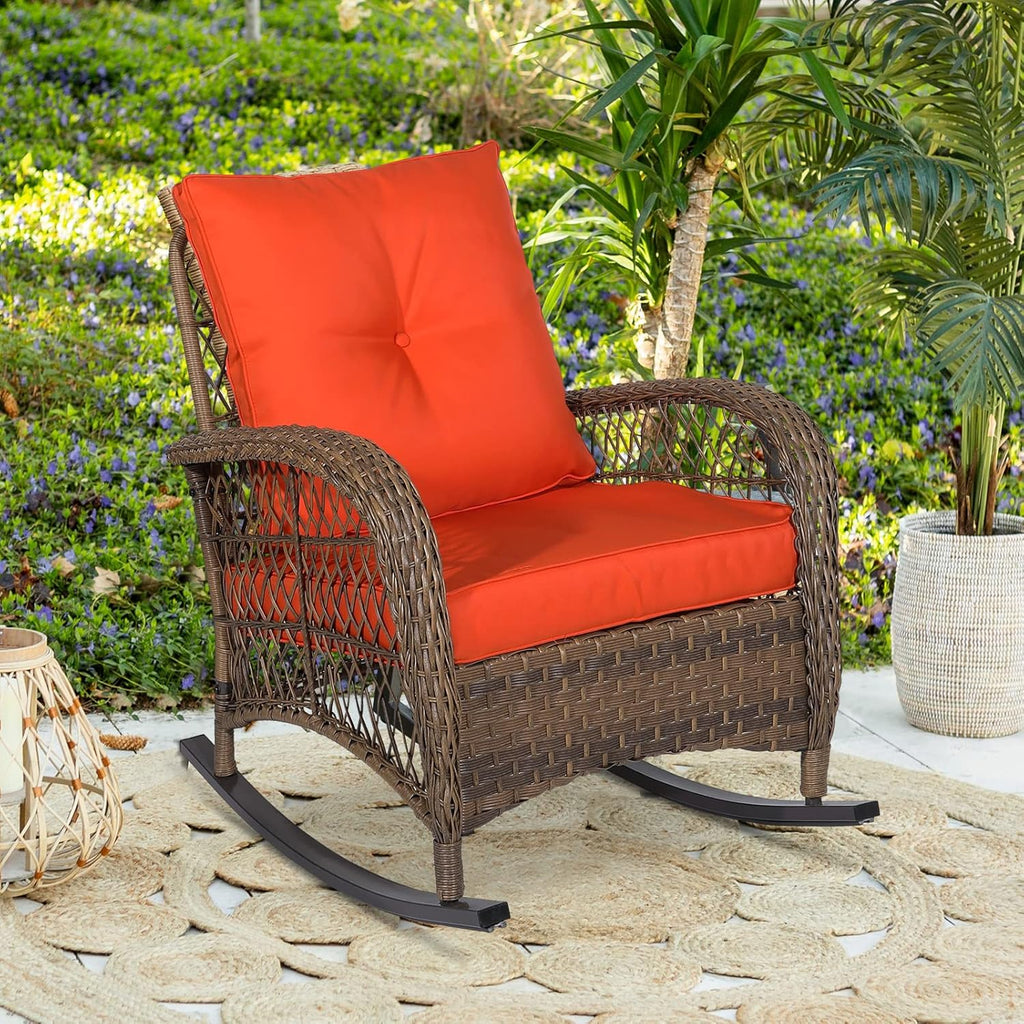 Outdoor Wicker Oversized Rocking Chair, All Weather- Resistant Patio Rocking Chair for Garden Lawn, Patio Wicker Furniture Seat with 4” Thick Cushion, Orange