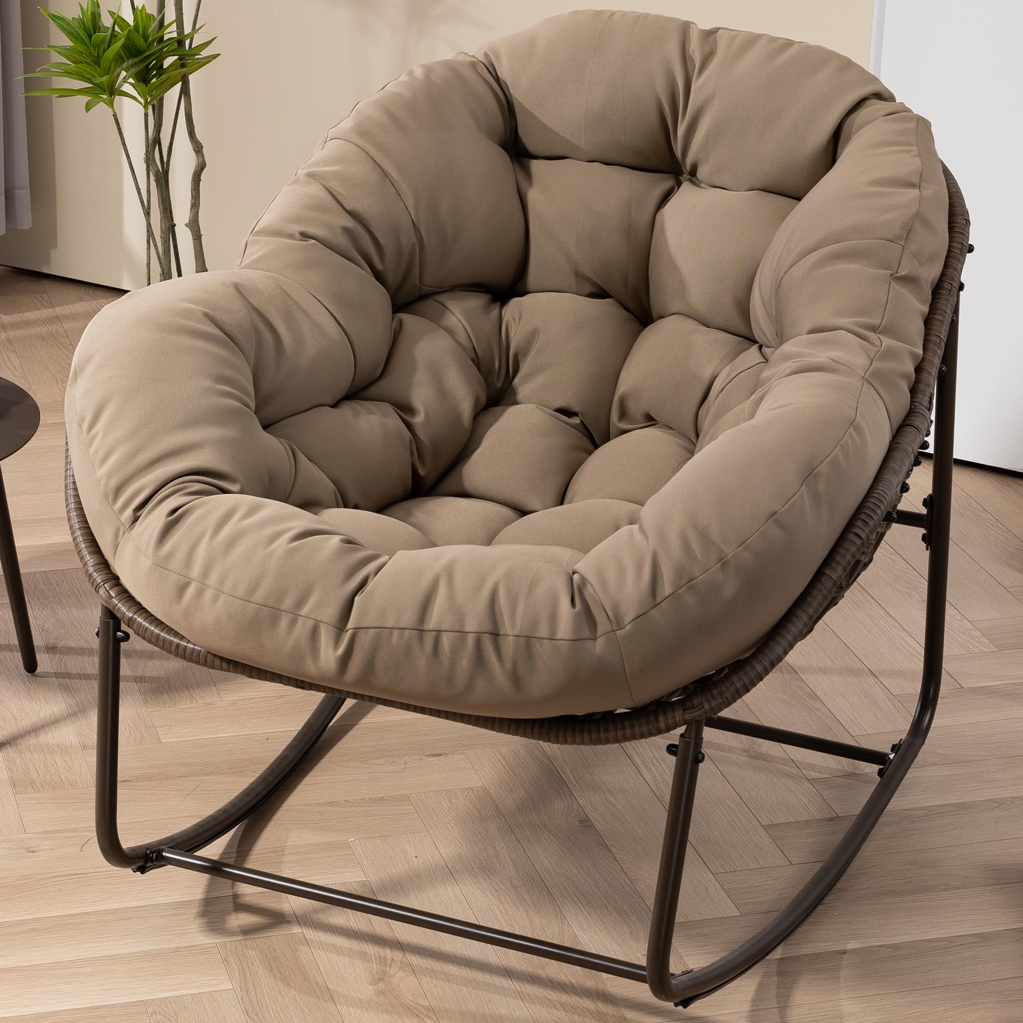 Oversized Papasan Rocking Chair - Outdoor Luxury Comfy Patio Chair, Indoor Egg Royal Rattan Rocking Chair with Strip Velvet Cushion for Front Porch Lounge Lawn Bedroom Living Room (Navy)