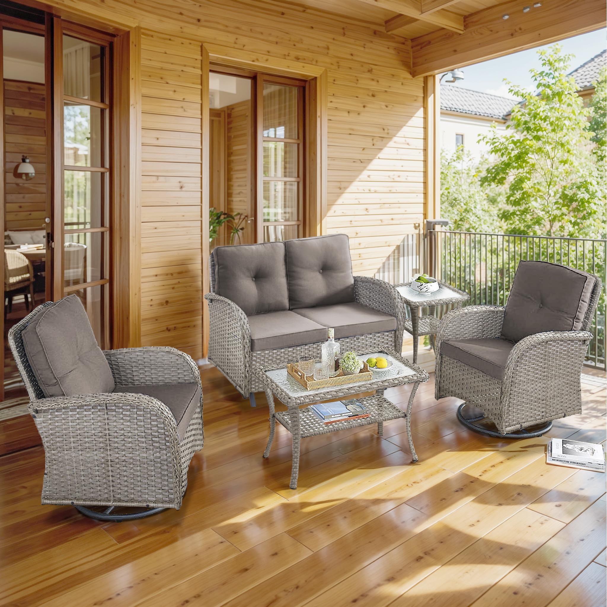 2 in 1 Porch Glider Swivel Chair - Wicker Patio Furniture Outdoor Swivel Rocker Chair with Thick Cushion, 300 Lb Weight Capacity Patio Swivel Glider Seating - Brown Wicker, Grey Cushion