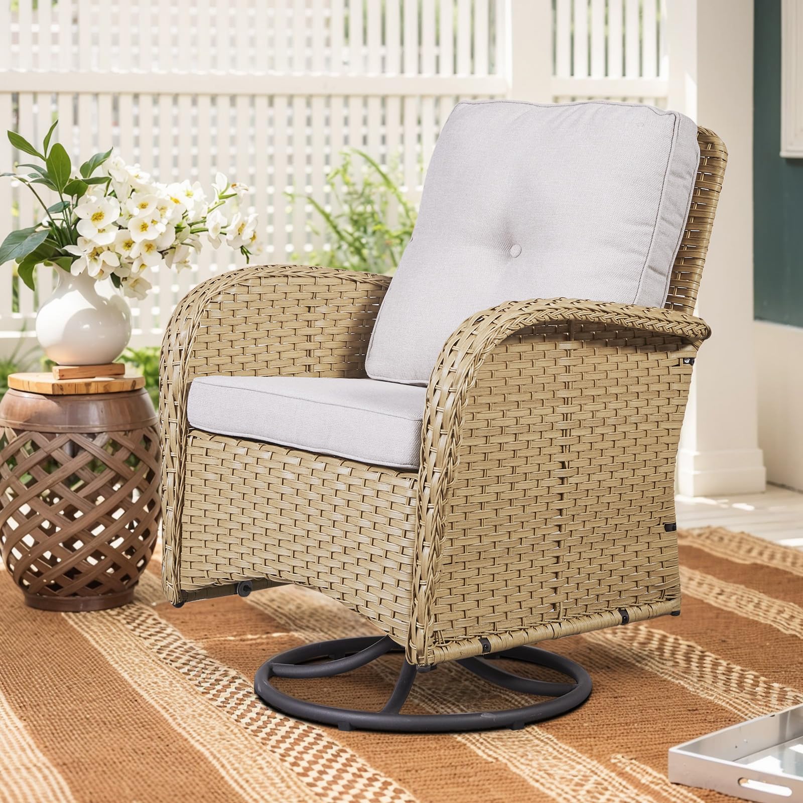 2 in 1 Porch Glider Swivel Chair - Wicker Patio Furniture Outdoor Swivel Rocker Chair with Thick Cushion, 300 Lb Weight Capacity Patio Swivel Glider Seating - Brown Wicker, Grey Cushion