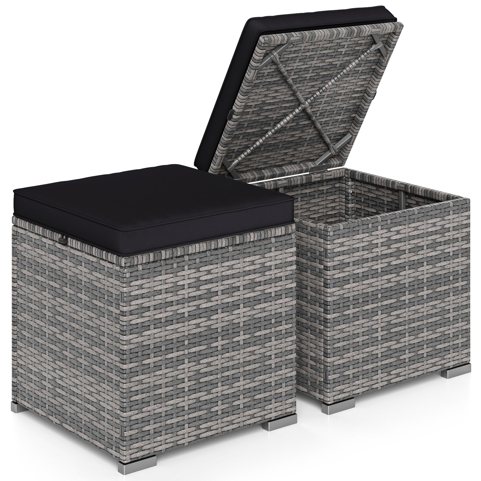 RELAX4LIFE Wicker Outdoor Storage Ottoman, 2-Piece Rattan Footstool w/Removable Cushion, Multipurpose Footrest Stool Side Table Additional Seating, Set of 2 Outdoor Ottomans for Patio Deck (Beige)