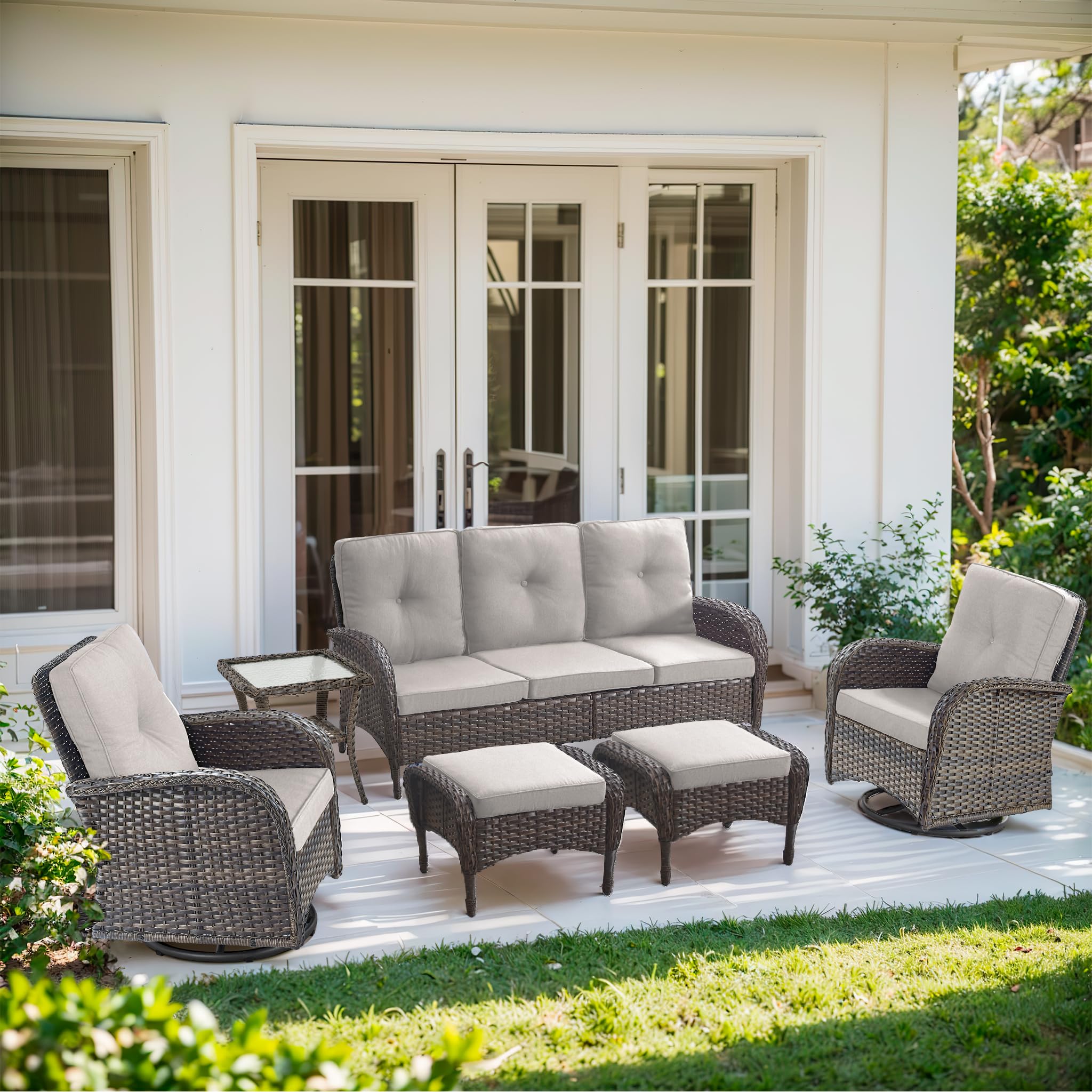 2 in 1 Porch Glider Swivel Chair - Wicker Patio Furniture Outdoor Swivel Rocker Chair with Thick Cushion, 300 Lb Weight Capacity Patio Swivel Glider Seating - Brown Wicker, Grey Cushion