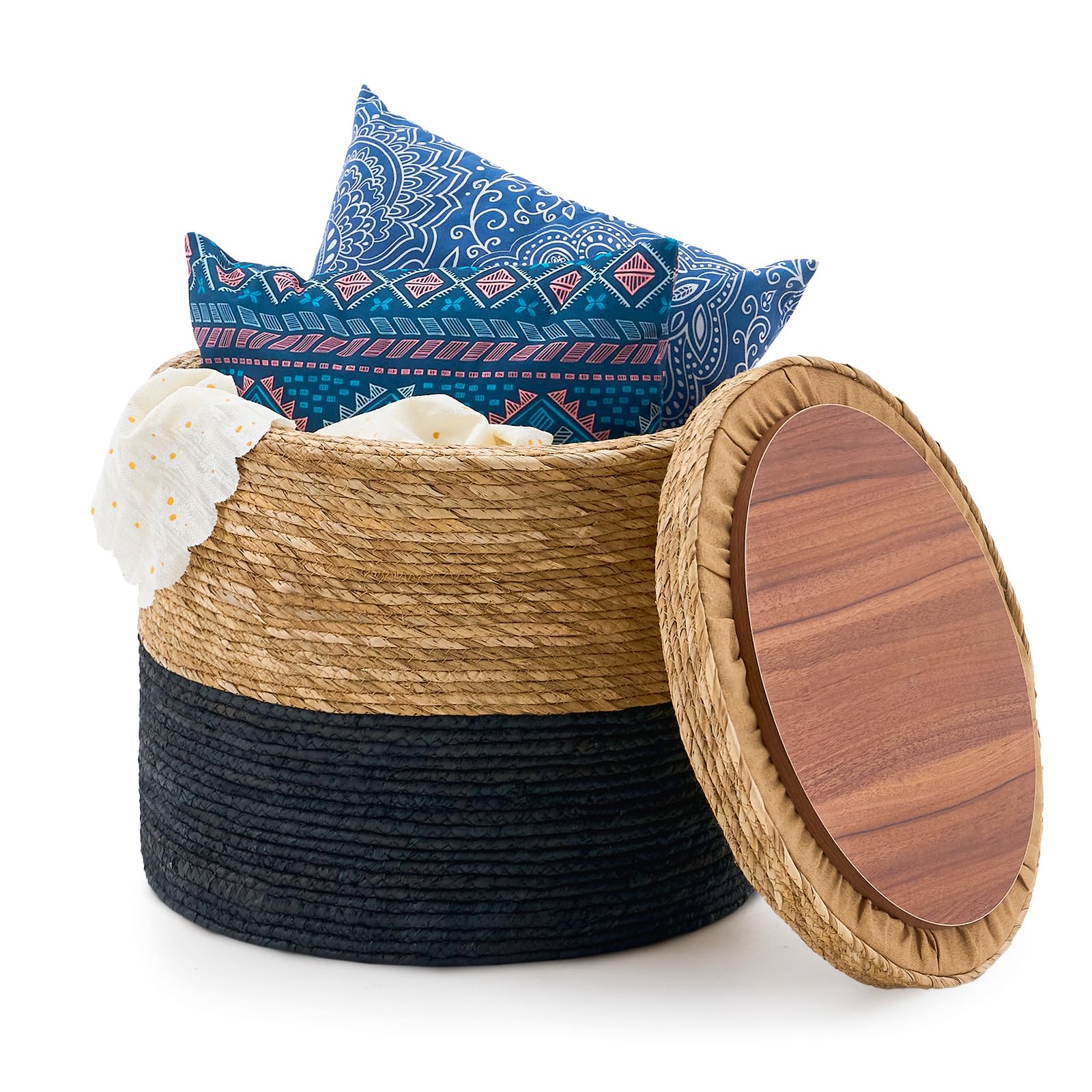 Wimarsbon Storage Pouf Ottoman, Hand Weaving Natural Straw Foot Stool, Bohemian Round Patio Ottomans, Rustic Lounge Pouffe, Outdoor Extra Seat for Garden (14inch Natural Cattail L)