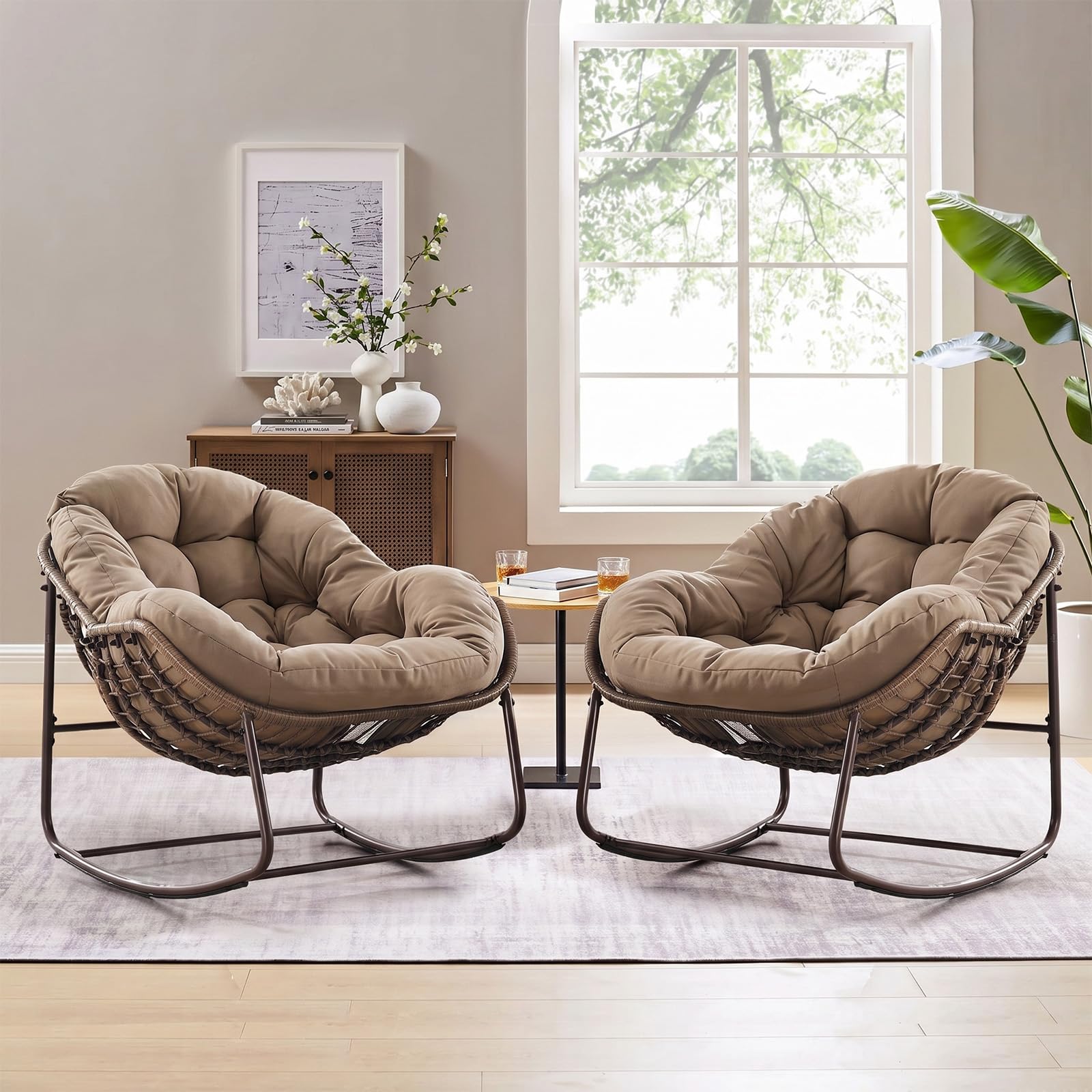 Large Indoor Outdoor Rocking Chair, Oversized Rocking Papasan Chair with Thick Cushion and Frame Outdoor Rocker, Comfy Wicker Egg Chairs Lounge for Outside Porch Patio Backyard Balcony (Beige)