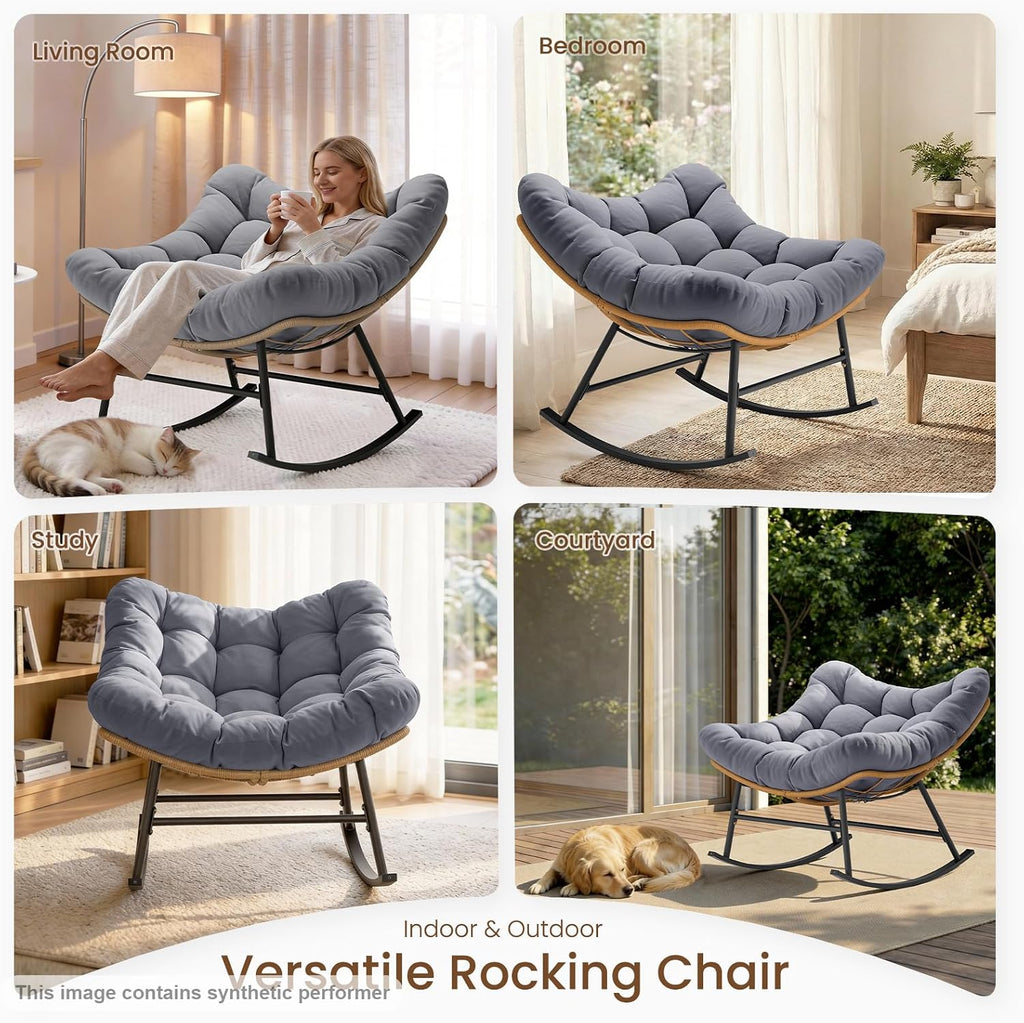 Sikaic Outdoor Papasan Rocking Chair, 450LBS Heavy Duty Egg Rocker with High Back Water Resistant Cushion, Rustproof & UV Resistant PE Wicker Patio Chair for Porch, Garden, Living Room, Grey