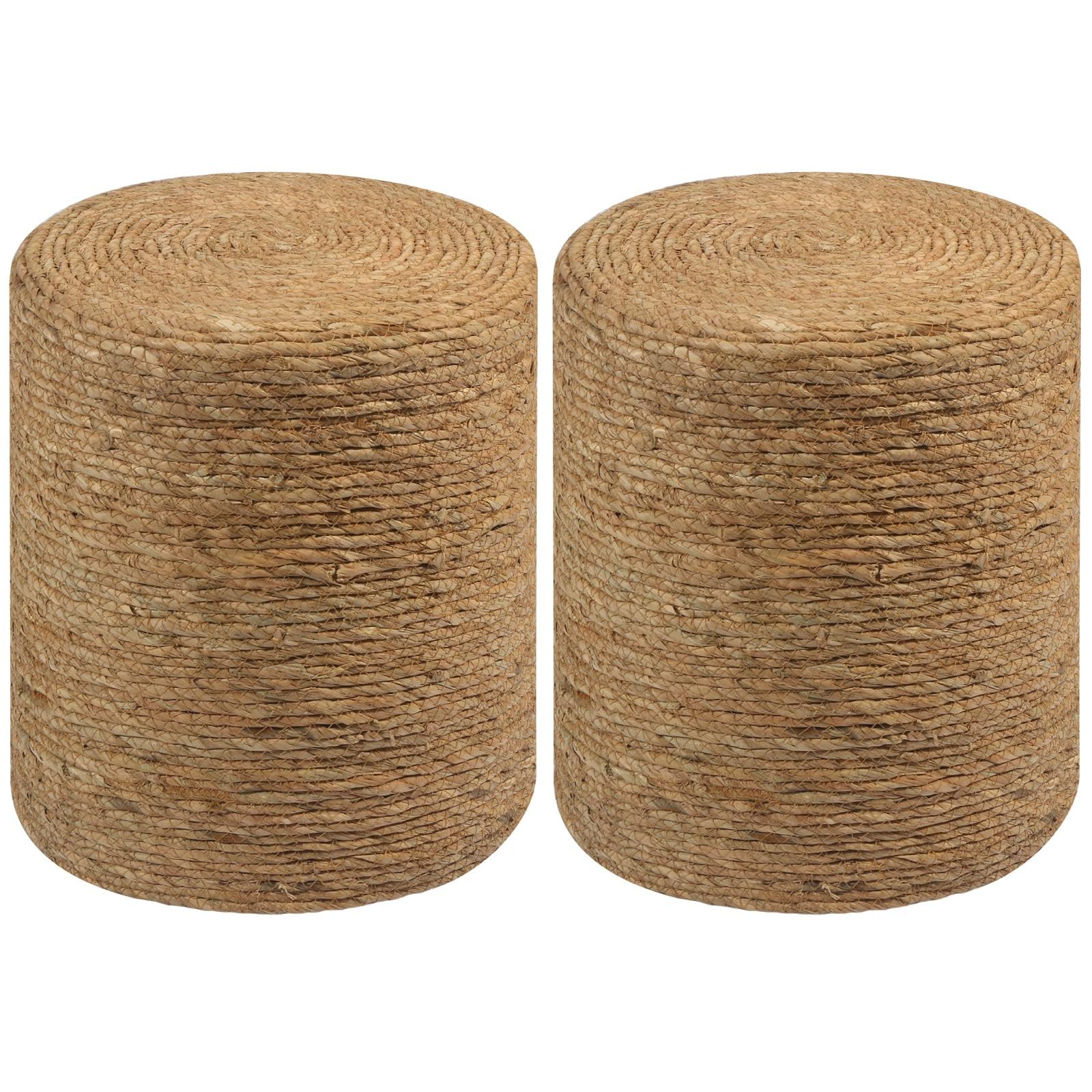 Wimarsbon Natural Seagrass Foot Stool, Hand Weaving Round Ottoman, for Living Room, Outdoor Seat (Natural & Blue)