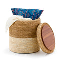 Wimarsbon Storage Pouf Ottoman, Hand Weaving Natural Straw Foot Stool, Bohemian Round Patio Ottomans, Rustic Lounge Pouffe, Outdoor Extra Seat for Garden (14inch Natural Cattail L)