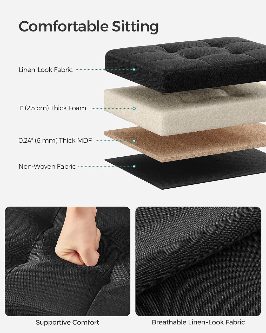 SONGMICS MAZIE Collection - Small Folding Storage Ottoman, Foot Rest Stool, 12.2 x 16.1 x 12.2 Inches, 286 lb Load Capacity, for Living Room, Bedroom, Home Office, Dorm, Ink Black ULSF102B01