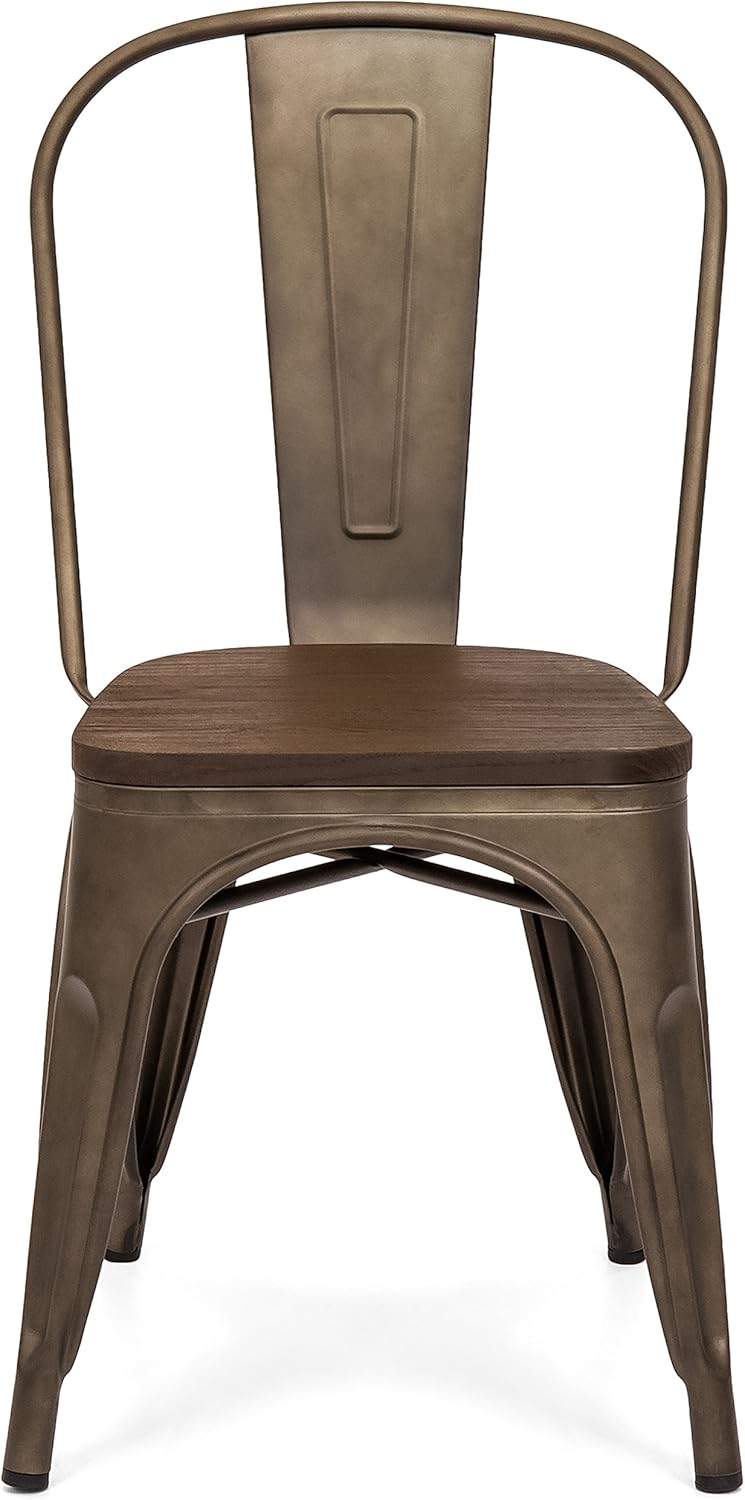 Best Choice Products Set of 4 Industrial Distressed Metal Bistro Dining Side Chairs w/Wooden Seat, Copper Bronze