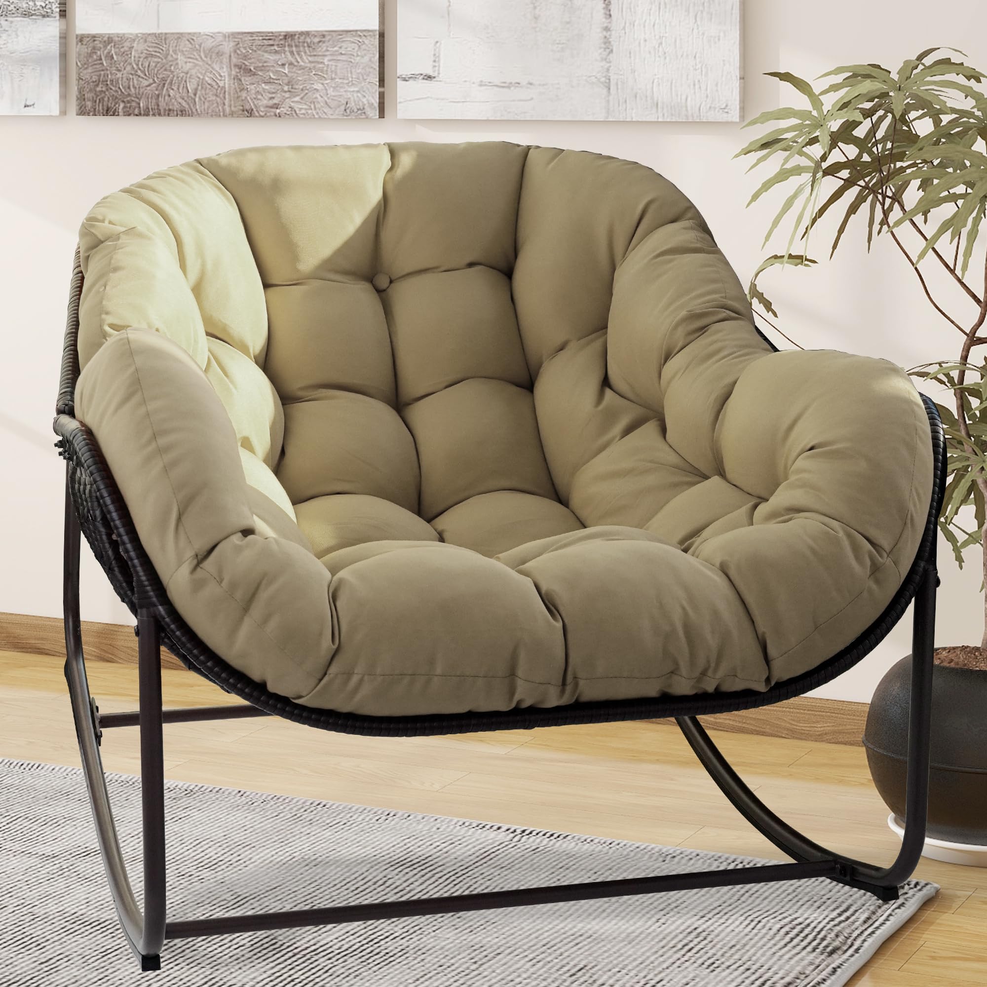 Patio Rocking Chair, Oversized Papasan Rocking Chair with Cushion and Frame for Indoor& Outdoor, Deep Seat Egg-Shaped Rocker Chair for Garden, Deck, Living Room, Grey