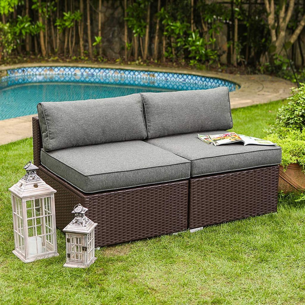 COSIEST All-Weather Patio Chair, Single Brown Wicker Chair with Thick Gray Cushions & Teal Pillow, Outdoor Rocking Chair for Porch, Garden, Poolside
