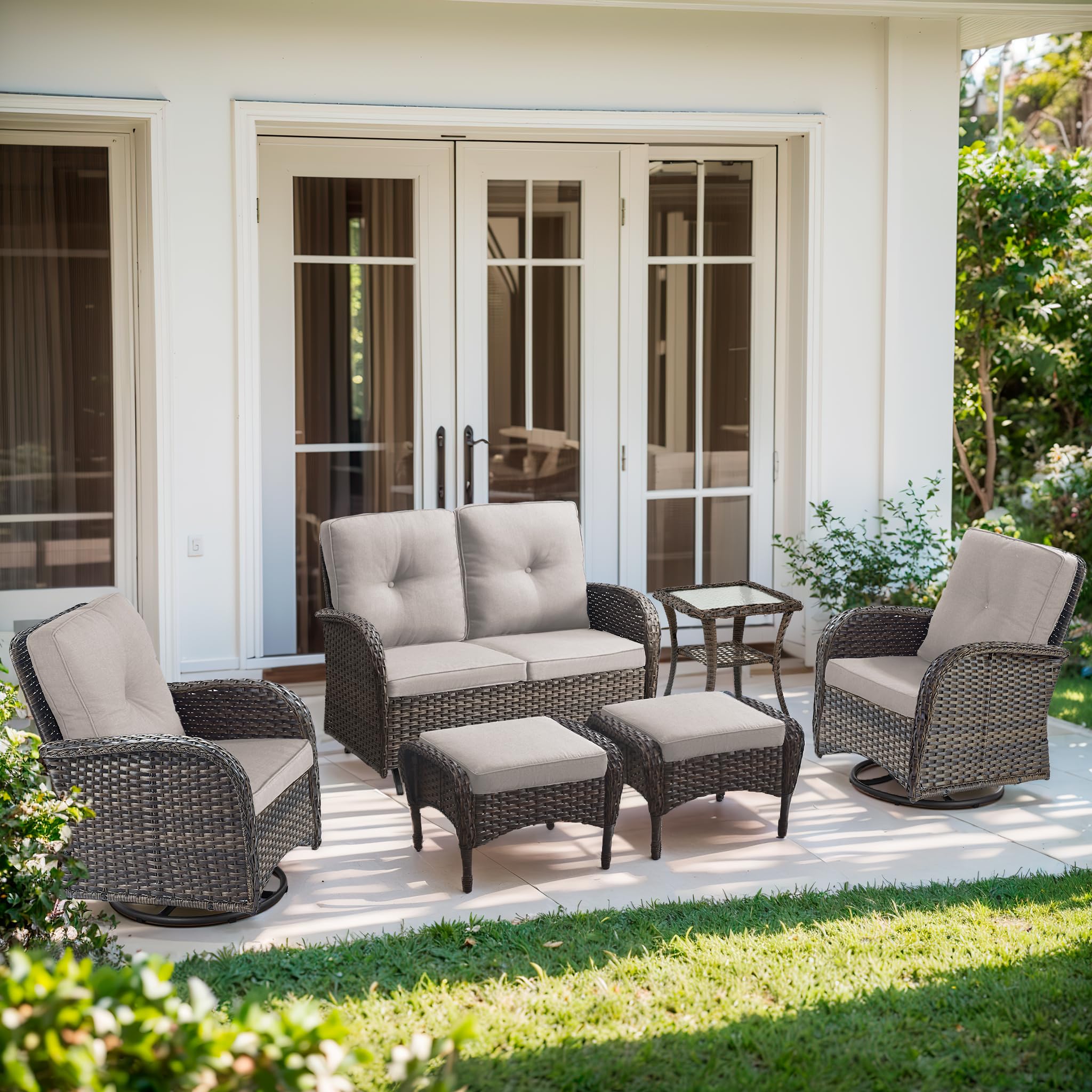2 in 1 Porch Glider Swivel Chair - Wicker Patio Furniture Outdoor Swivel Rocker Chair with Thick Cushion, 300 Lb Weight Capacity Patio Swivel Glider Seating - Brown Wicker, Grey Cushion
