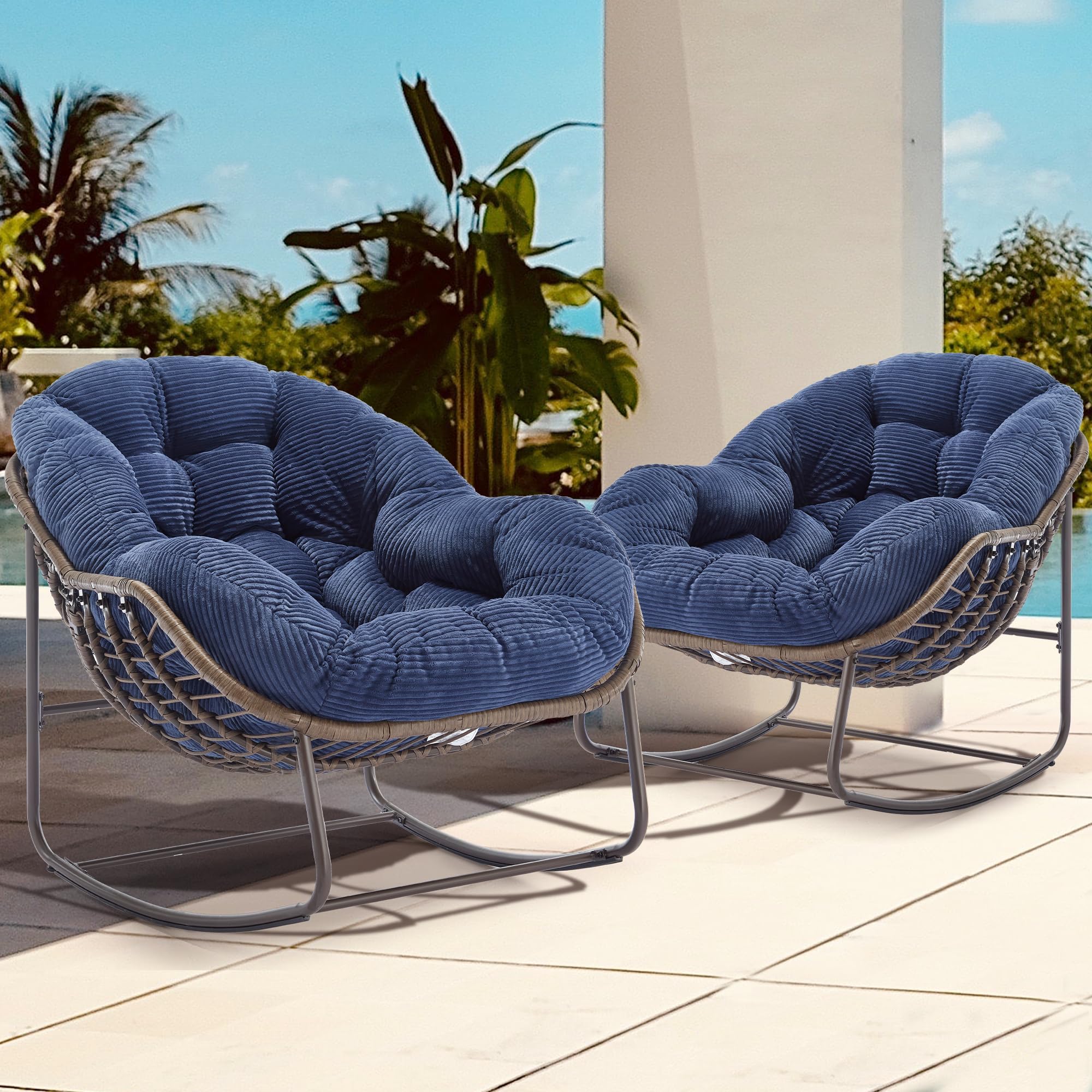 Oversized Papasan Rocking Chair - Outdoor Luxury Comfy Patio Chair, Indoor Egg Royal Rattan Rocking Chair with Strip Velvet Cushion for Front Porch Lounge Lawn Bedroom Living Room (Navy)