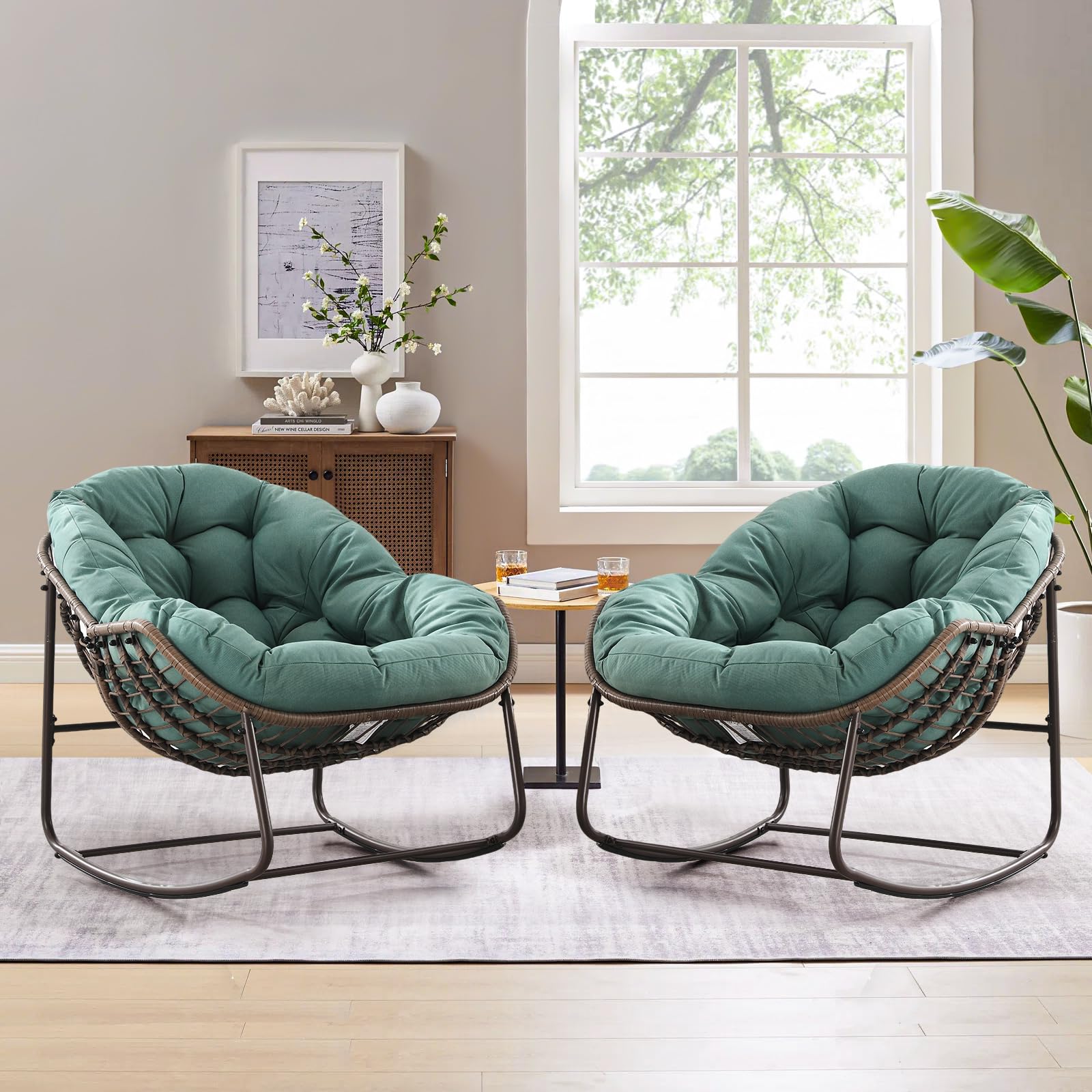 Large Indoor Outdoor Rocking Chair, Oversized Rocking Papasan Chair with Thick Cushion and Frame Outdoor Rocker, Comfy Wicker Egg Chairs Lounge for Outside Porch Patio Backyard Balcony (Beige)
