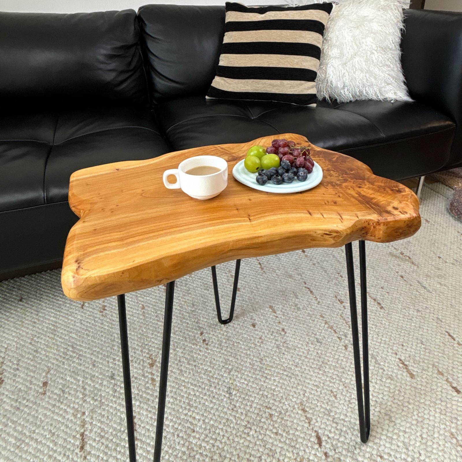 Rustic Solid Wood Live Edge Style End Table, Natural Wood Side Table with Hairpin Legs, Small Irregular Side Table for Living Room, Bedroom, Farmhouse Decor, 16" L x 12" W x 17" H