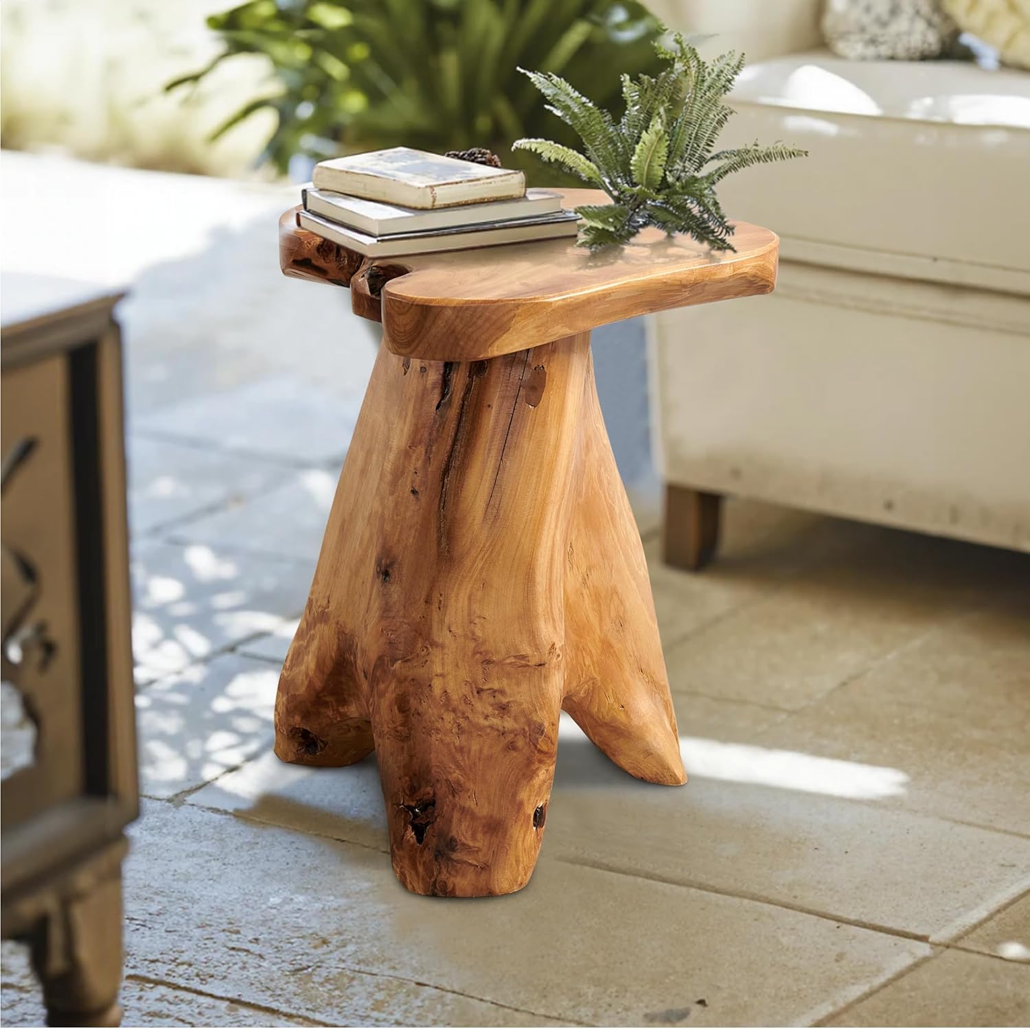 Rustic Live Edge Cedar Root Stump End Table Solid Wood Plant Stand for Home Garden