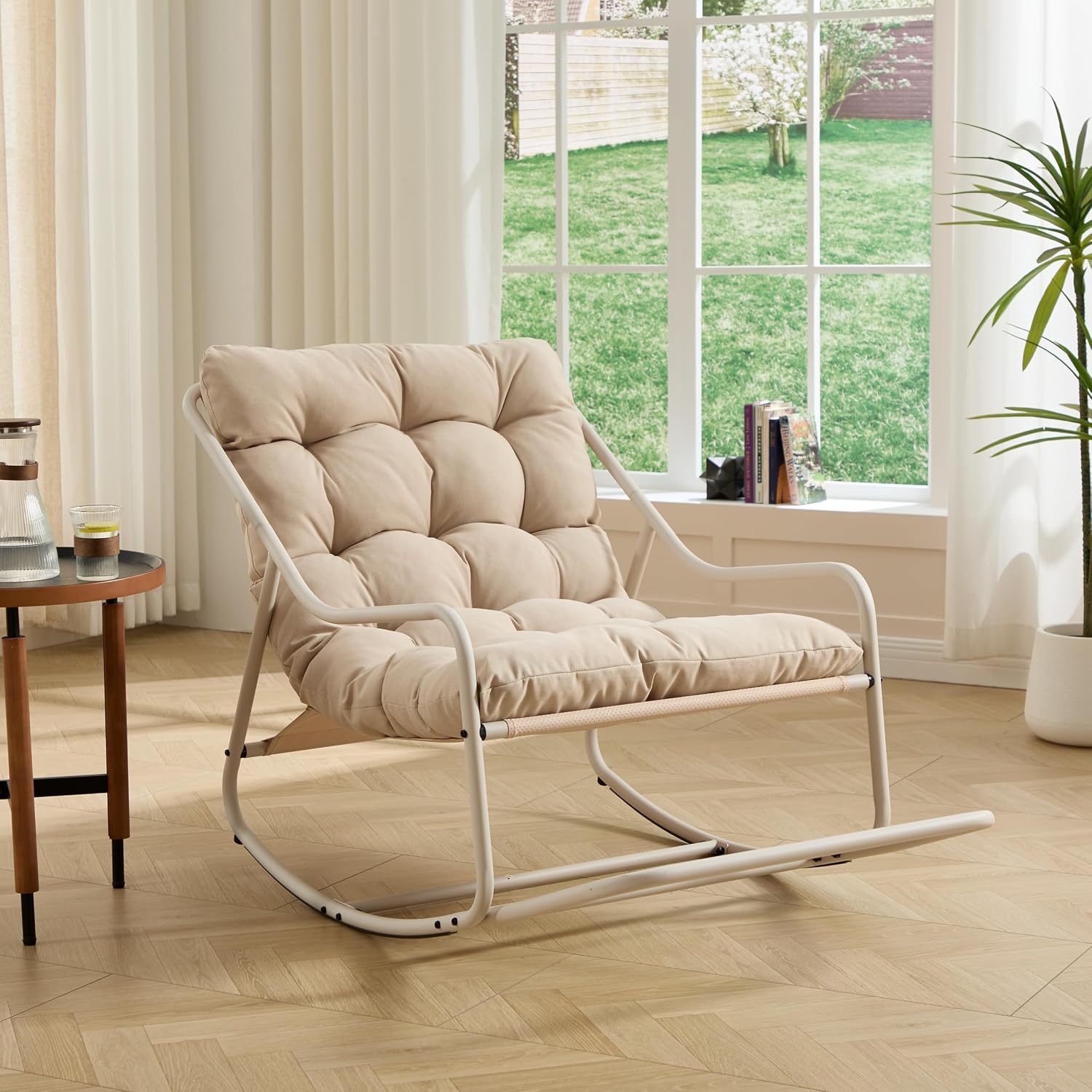 Minimalist Patio Rocking Single Couch, Metal Frame with Thick Cushion