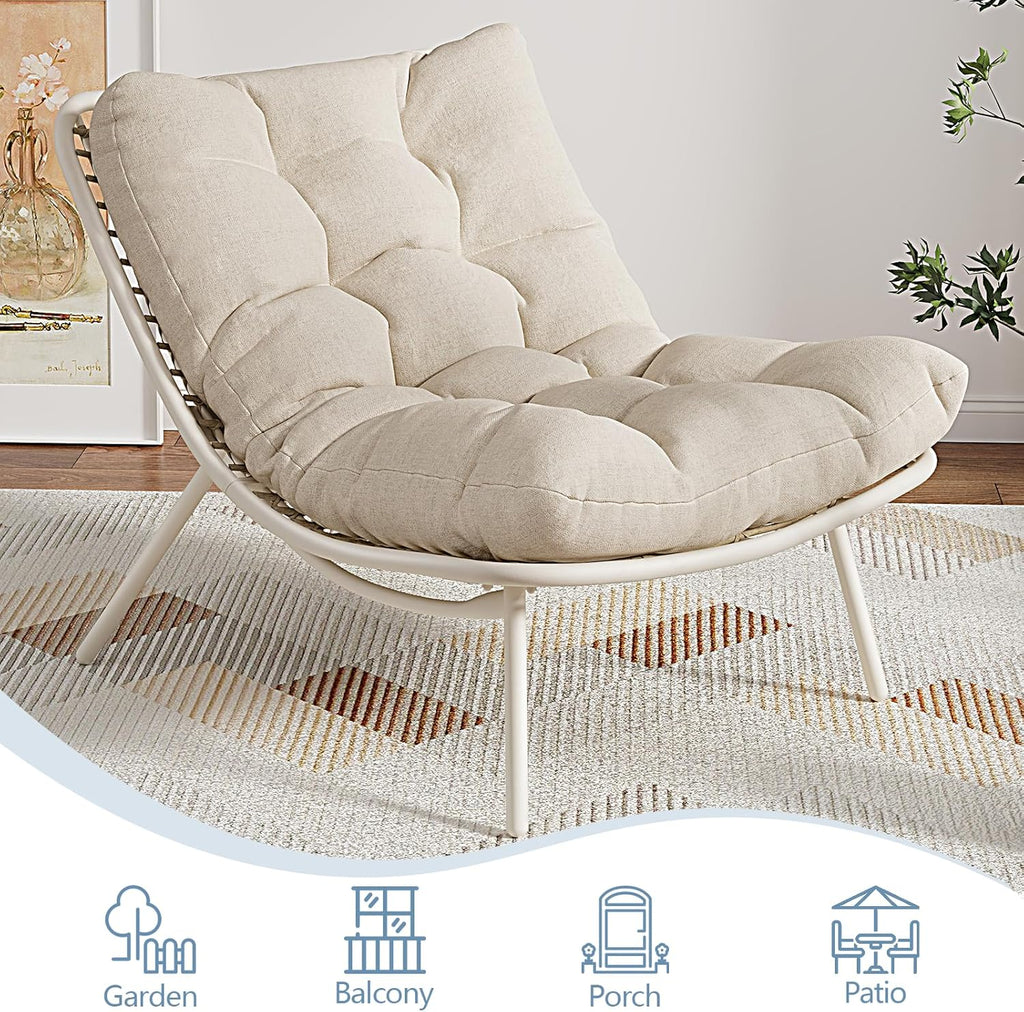 SWITTE Wicker Chaise Lounge Chair, Outdoor Papasan Recliner with Thick Cushion, Low Seat Patio Chair for Balcony, Backyard, Poolside - Cream