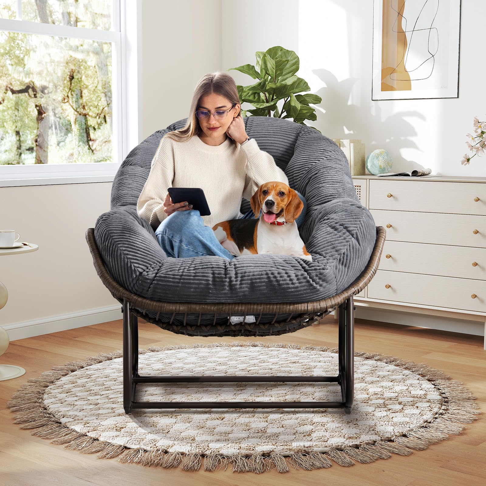 Large Indoor Outdoor Rocking Chair, Oversized Rocking Papasan Chair with Thick Cushion and Frame Outdoor Rocker, Comfy Wicker Egg Chairs Lounge for Outside Porch Patio Backyard Balcony (Beige)