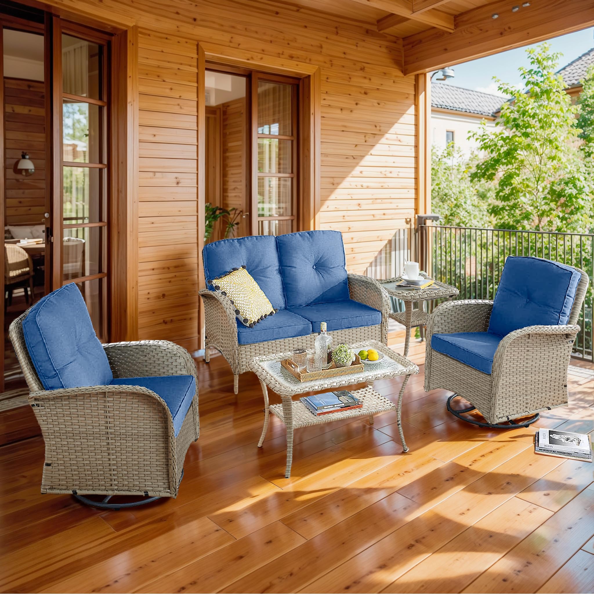 2 in 1 Porch Glider Swivel Chair - Wicker Patio Furniture Outdoor Swivel Rocker Chair with Thick Cushion, 300 Lb Weight Capacity Patio Swivel Glider Seating - Brown Wicker, Grey Cushion