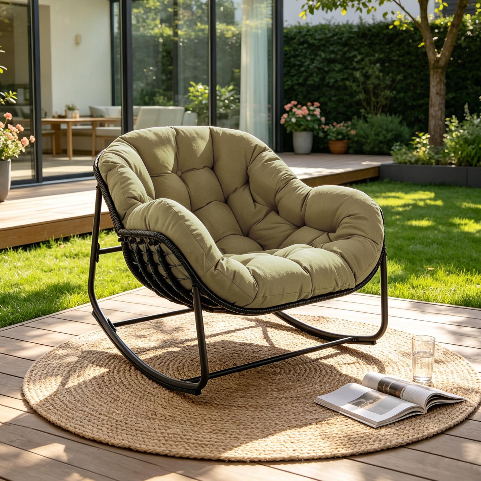 Papasan Rocking Chair Indoor & Outdoor, All Weather Wicker Papasan Patio Chair with Cushion & Pillow, Oversized Papasan Rocker Egg Chair for Bedroom, Garden, Patio - Red.