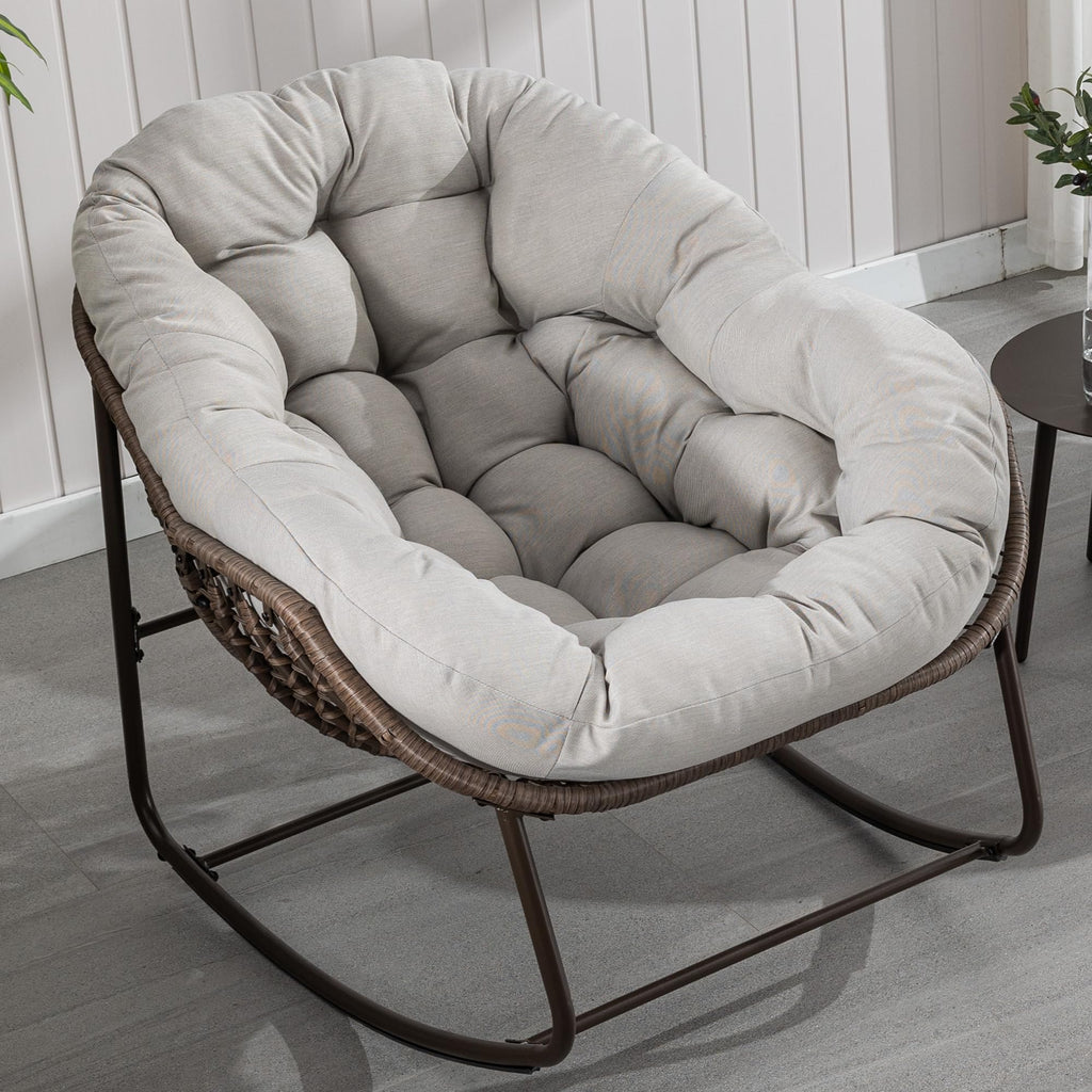 Oversized Papasan Rocking Chair - Outdoor Luxury Comfy Patio Chair, Indoor Egg Royal Rattan Rocking Chair with Strip Velvet Cushion for Front Porch Lounge Lawn Bedroom Living Room (Navy)