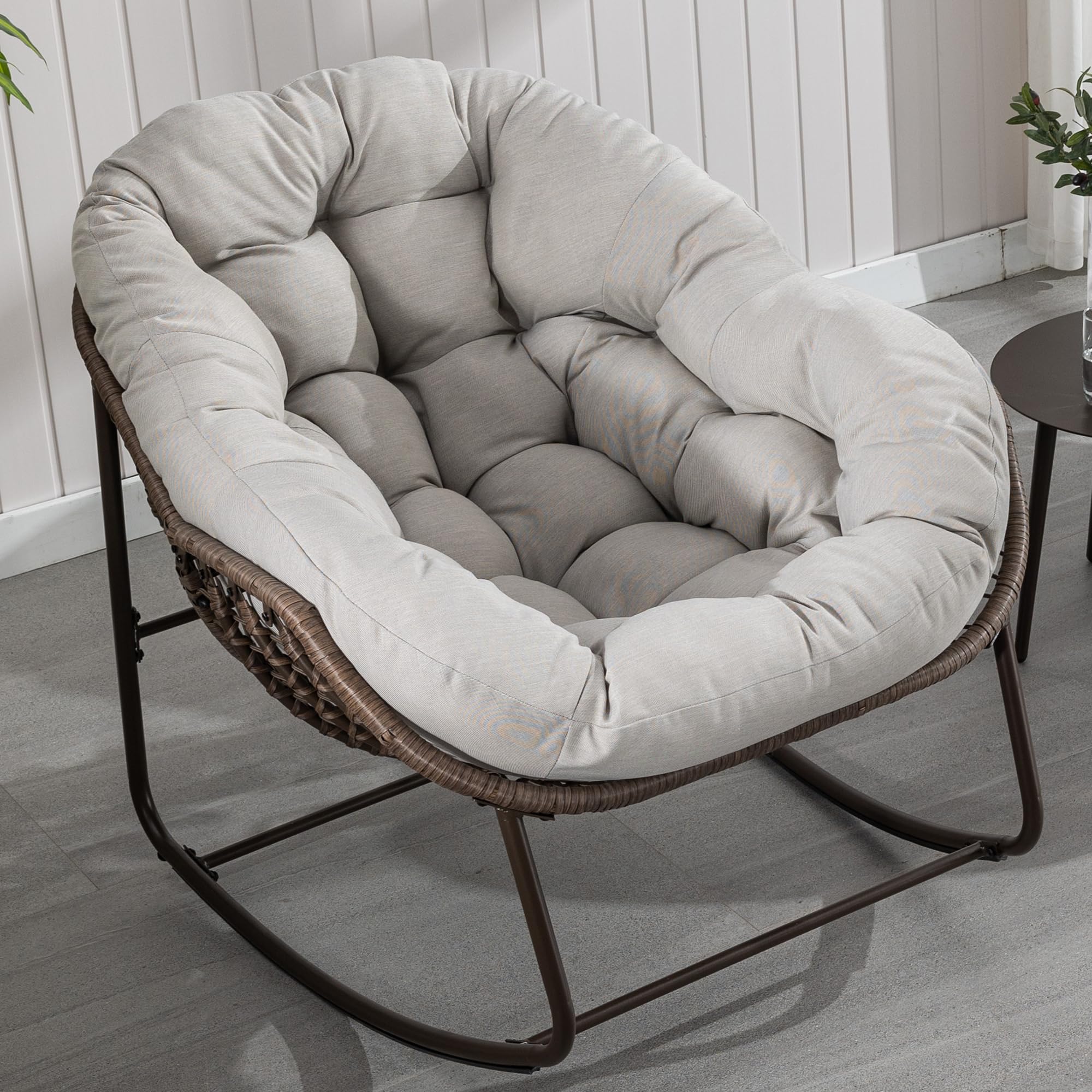 Oversized Papasan Rocking Chair - Outdoor Luxury Comfy Patio Chair, Indoor Egg Royal Rattan Rocking Chair with Strip Velvet Cushion for Front Porch Lounge Lawn Bedroom Living Room (Navy)