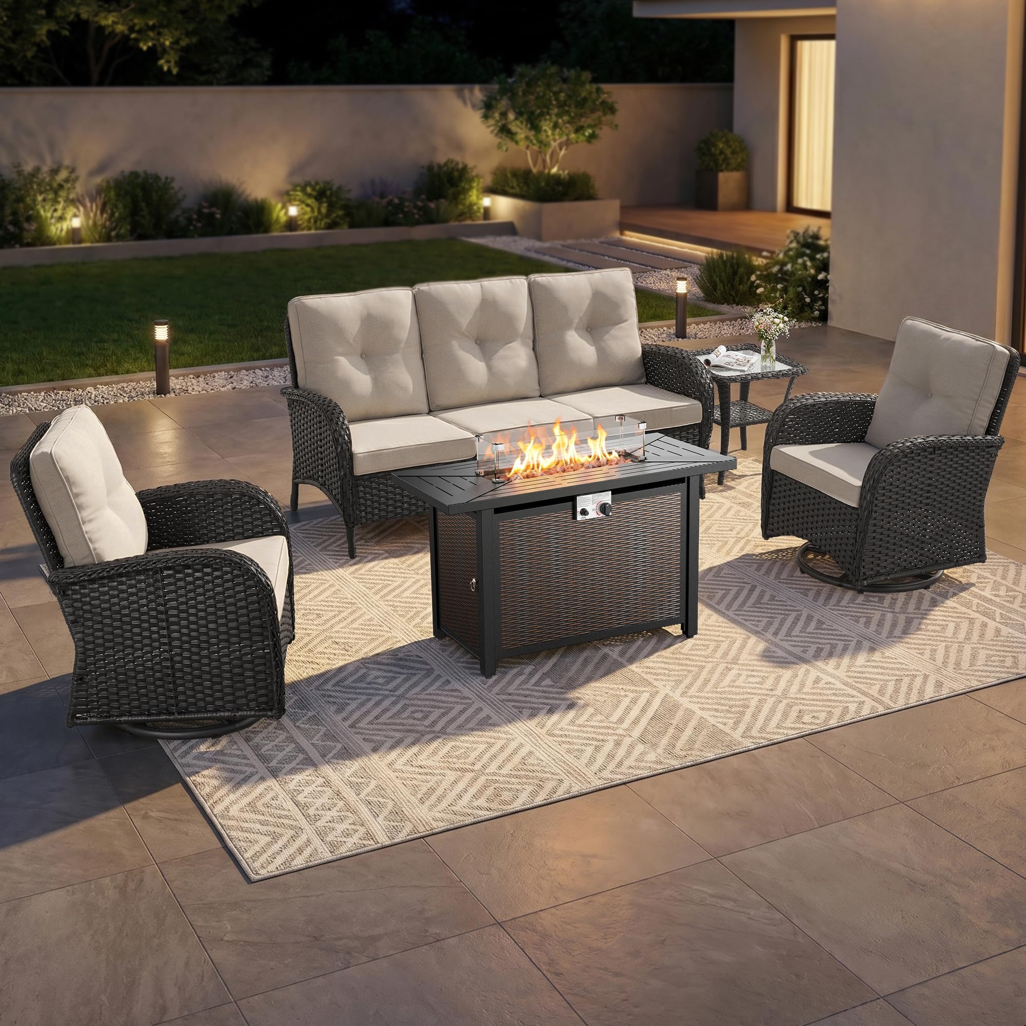 2 in 1 Porch Glider Swivel Chair - Wicker Patio Furniture Outdoor Swivel Rocker Chair with Thick Cushion, 300 Lb Weight Capacity Patio Swivel Glider Seating - Brown Wicker, Grey Cushion
