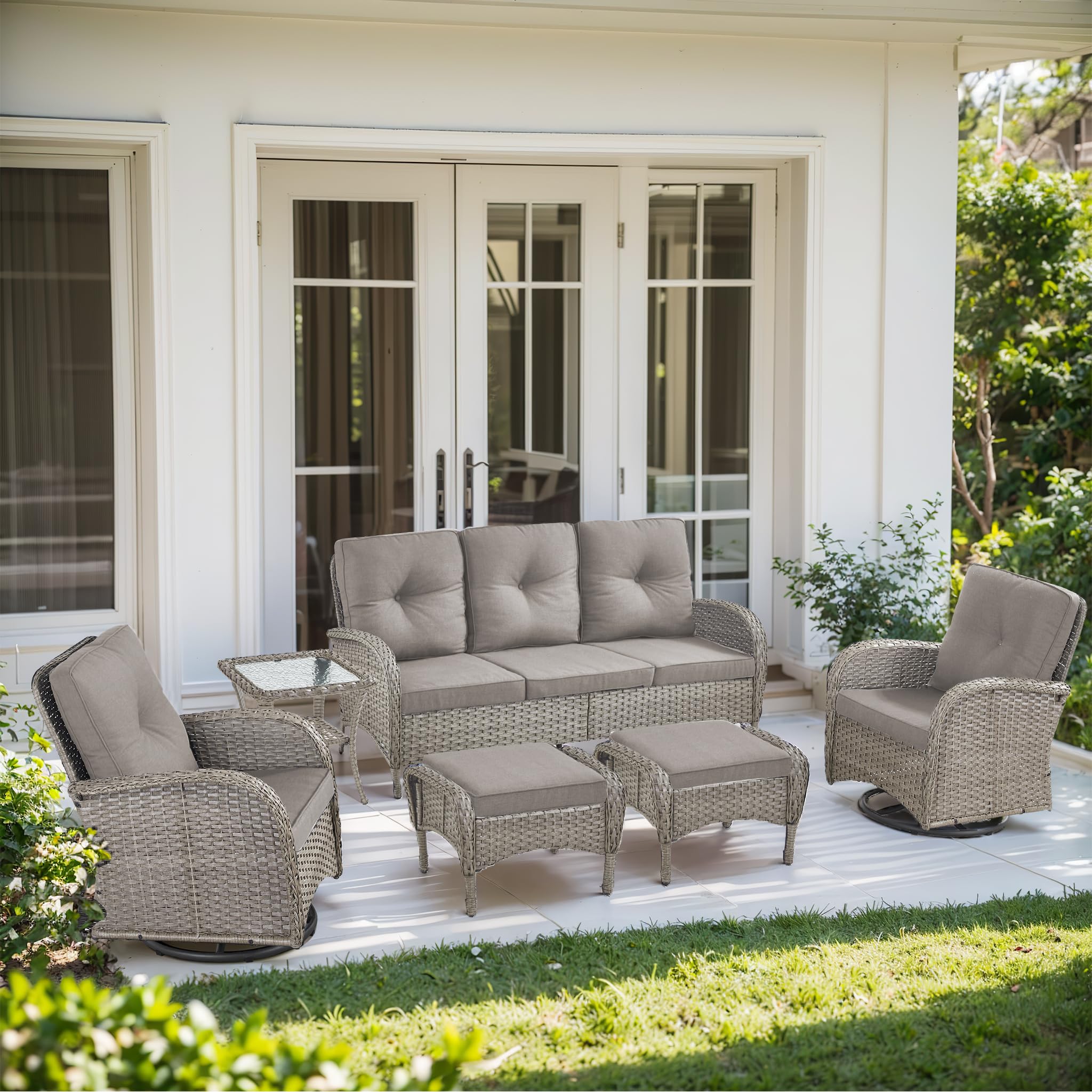 2 in 1 Porch Glider Swivel Chair - Wicker Patio Furniture Outdoor Swivel Rocker Chair with Thick Cushion, 300 Lb Weight Capacity Patio Swivel Glider Seating - Brown Wicker, Grey Cushion