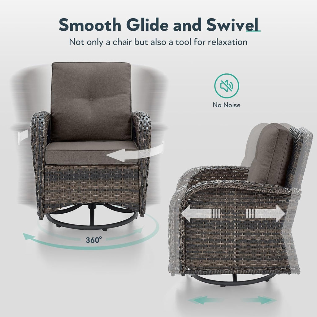 2 in 1 Porch Glider Swivel Chair - Wicker Patio Furniture Outdoor Swivel Rocker Chair with Thick Cushion, 300 Lb Weight Capacity Patio Swivel Glider Seating - Brown Wicker, Grey Cushion