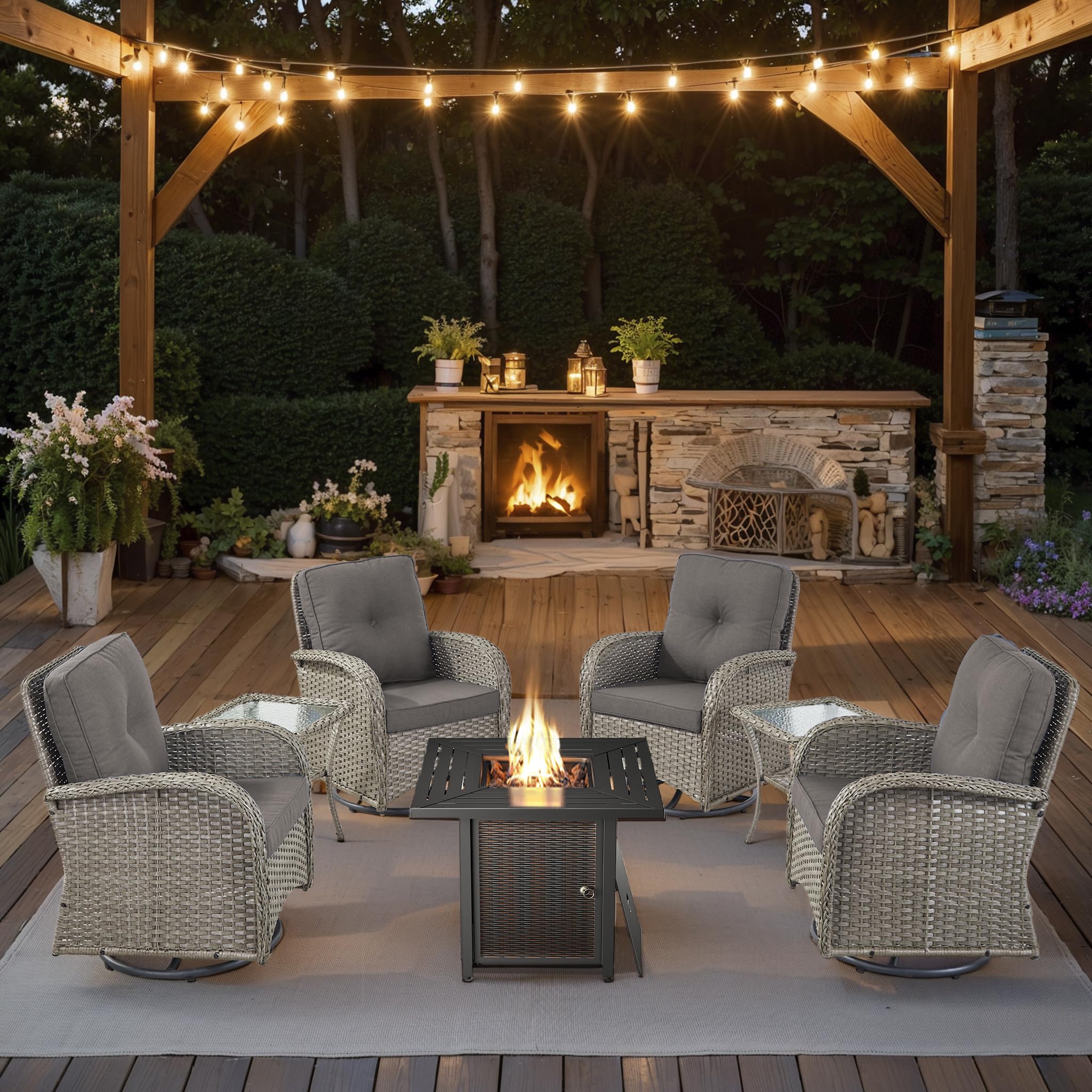 2 in 1 Porch Glider Swivel Chair - Wicker Patio Furniture Outdoor Swivel Rocker Chair with Thick Cushion, 300 Lb Weight Capacity Patio Swivel Glider Seating - Brown Wicker, Grey Cushion