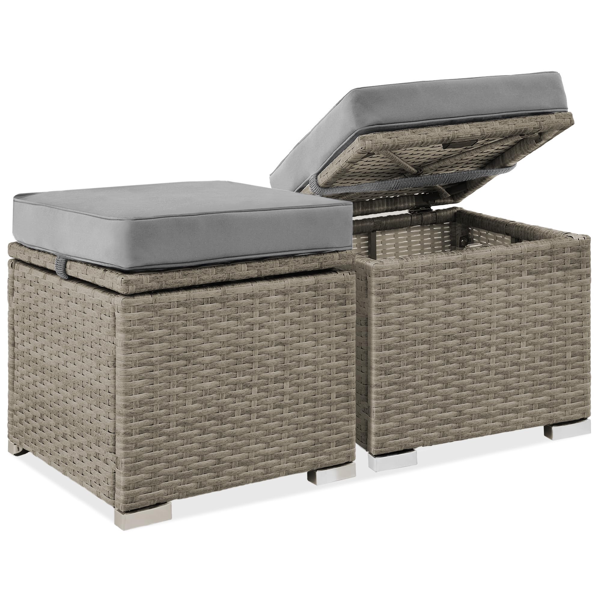 Best Choice Products Set of 2 Wicker Ottomans, Multipurpose Outdoor Furniture for Patio, Backyard, Additional Seating, Footrest, Side Table w/Storage, Removable Cushions - Gray/Black