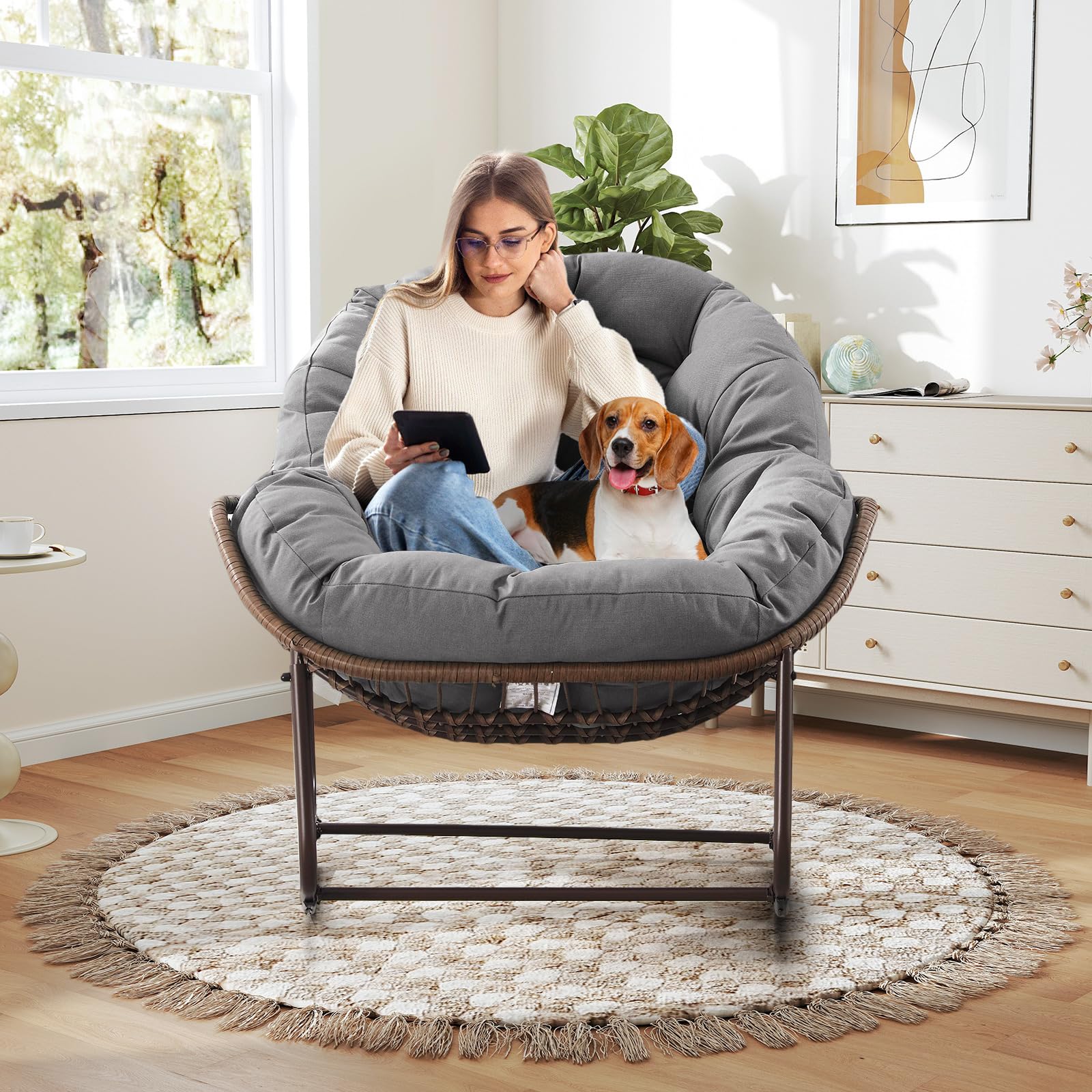 Large Indoor Outdoor Rocking Chair, Oversized Rocking Papasan Chair with Thick Cushion and Frame Outdoor Rocker, Comfy Wicker Egg Chairs Lounge for Outside Porch Patio Backyard Balcony (Beige)