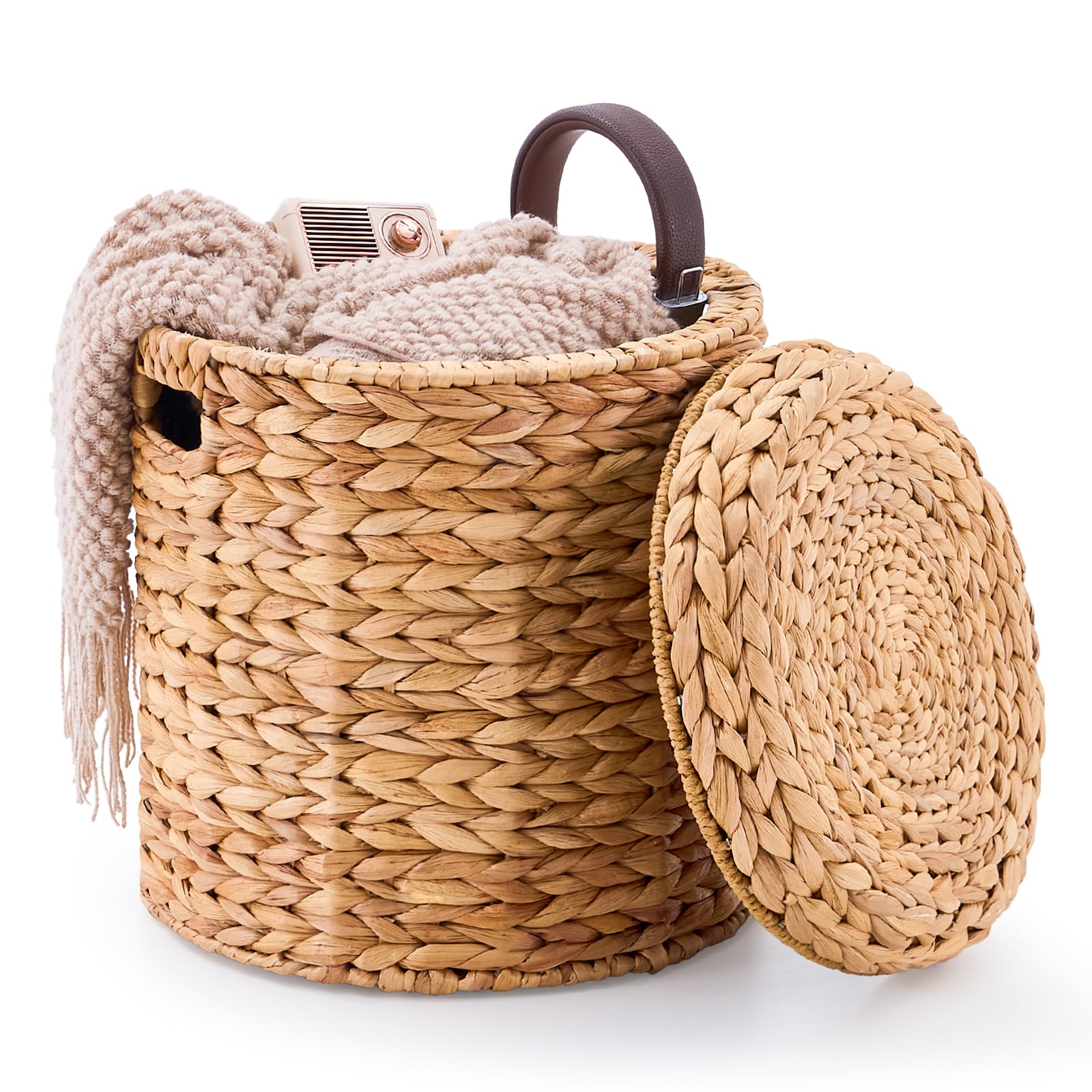 Wimarsbon Natural Seagrass Foot Stool, Hand Weaving Round Ottoman, for Living Room, Outdoor Seat (Natural & Blue)