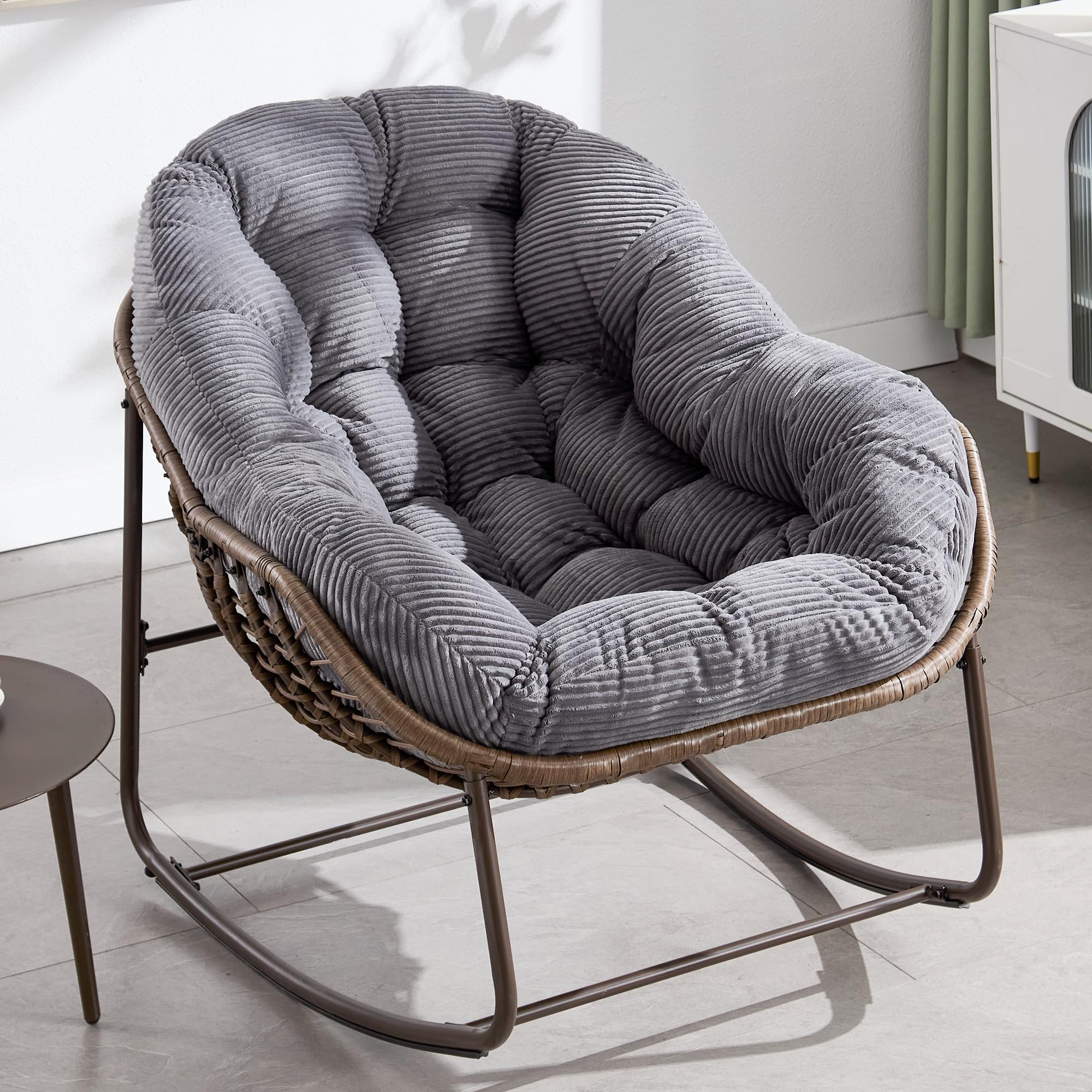 Oversized Papasan Rocking Chair - Outdoor Luxury Comfy Patio Chair, Indoor Egg Royal Rattan Rocking Chair with Strip Velvet Cushion for Front Porch Lounge Lawn Bedroom Living Room (Navy)