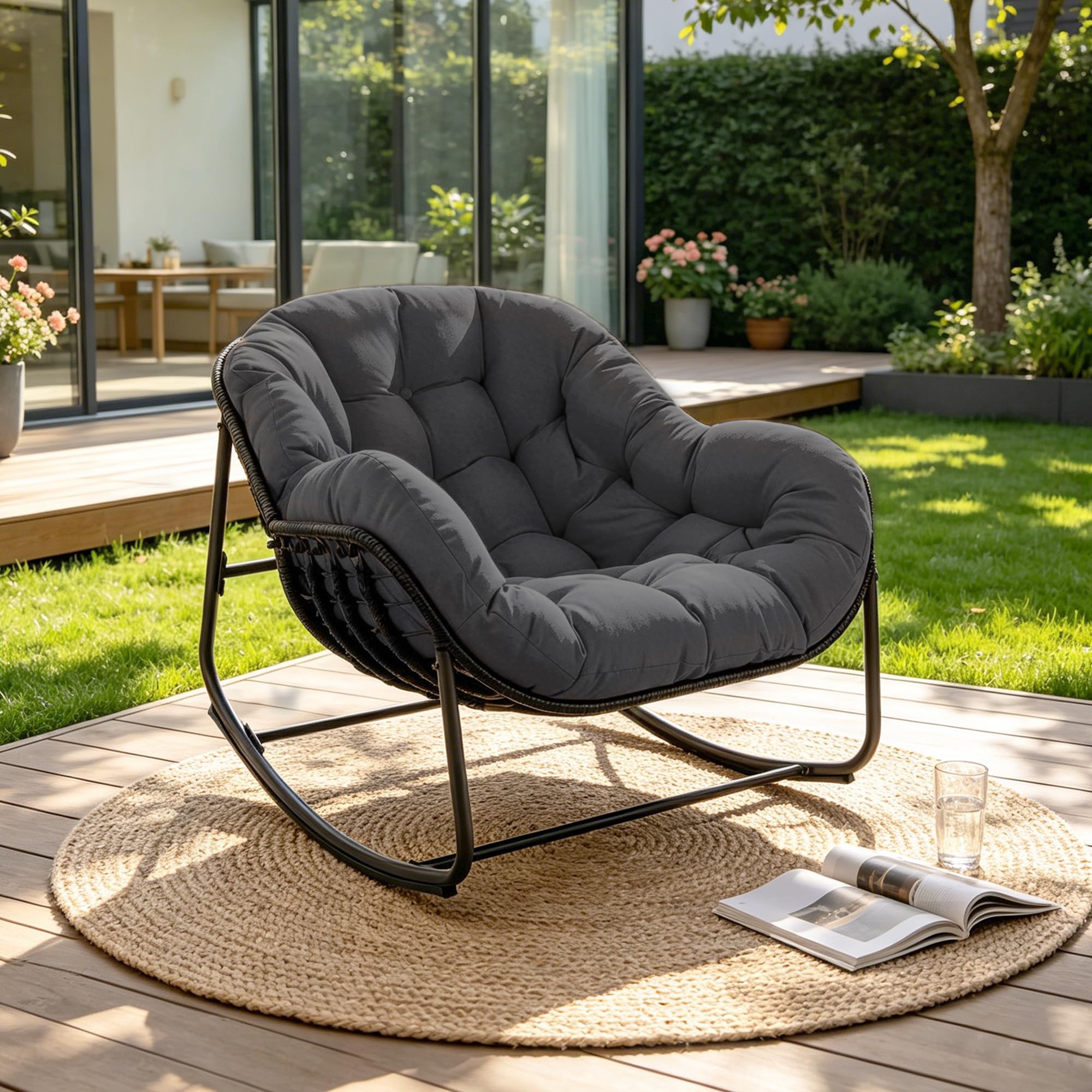 Papasan Rocking Chair Indoor & Outdoor, All Weather Wicker Papasan Patio Chair with Cushion & Pillow, Oversized Papasan Rocker Egg Chair for Bedroom, Garden, Patio - Red.
