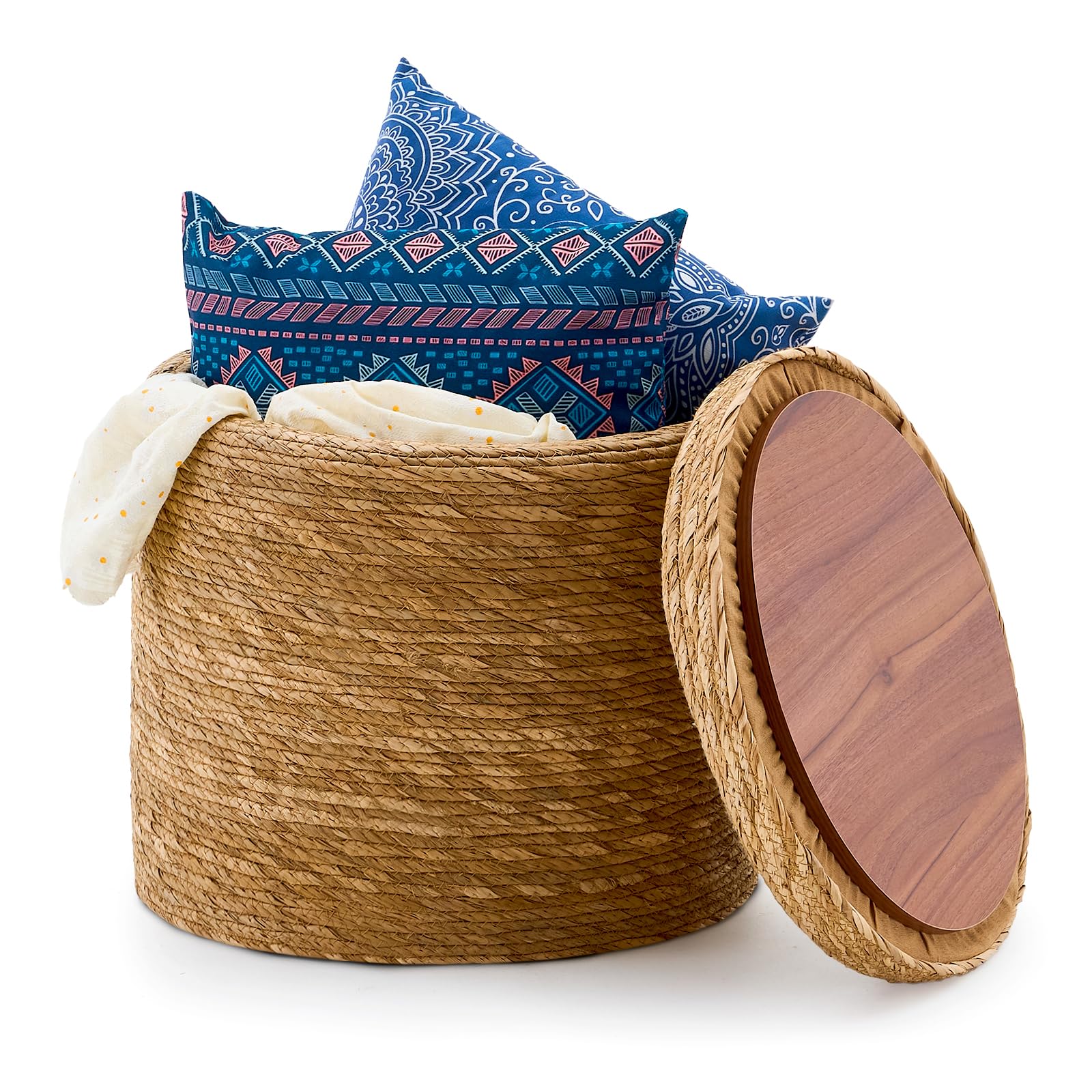 Wimarsbon Storage Pouf Ottoman, Hand Weaving Natural Straw Foot Stool, Bohemian Round Patio Ottomans, Rustic Lounge Pouffe, Outdoor Extra Seat for Garden (14inch Natural Cattail L)