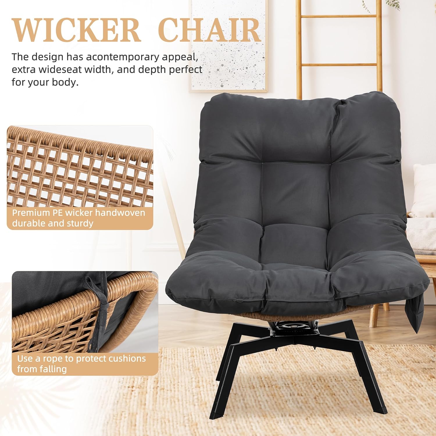 Vongrasig Swivel Wicker Chair PE Rattan Chair with Cushion, Oversized Patio Lounge Chair for Outdoor, Indoor, Balcony, Backyard, Garden, Living Room, Black