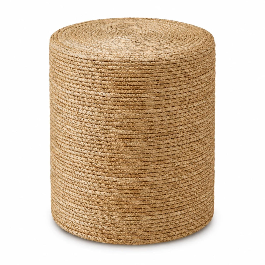 Wimarsbon Natural Seagrass Foot Stool, Hand Weaving Round Ottoman, for Living Room, Outdoor Seat (Natural & Blue)