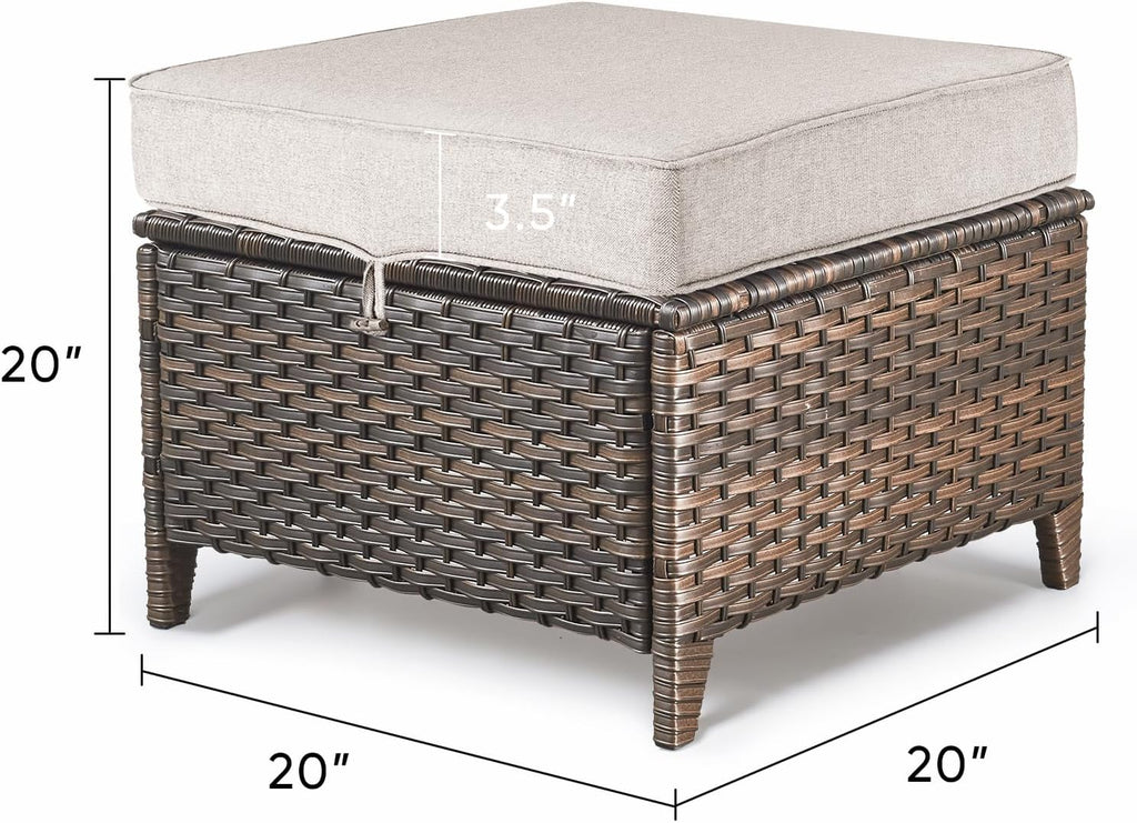 Patio Ottoman Outdoor Wicker Side Table - 2PCS Multipurpose Heavy Duty All-Weather Brown Rattan Extra Seating Bench Footrest Footstool for Garden Back Porch Poolside Apartment - Beige