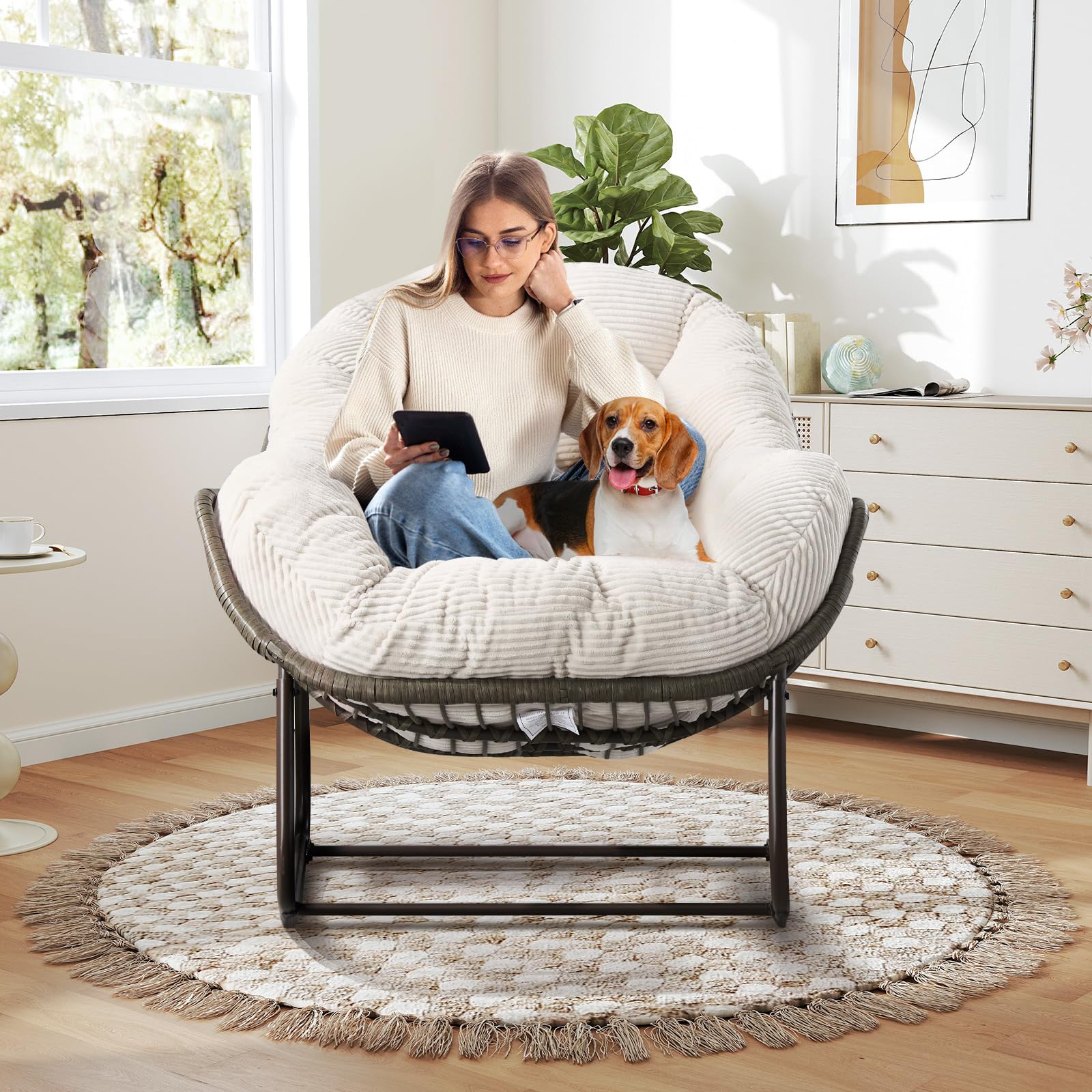Large Indoor Outdoor Rocking Chair, Oversized Rocking Papasan Chair with Thick Cushion and Frame Outdoor Rocker, Comfy Wicker Egg Chairs Lounge for Outside Porch Patio Backyard Balcony (Beige)