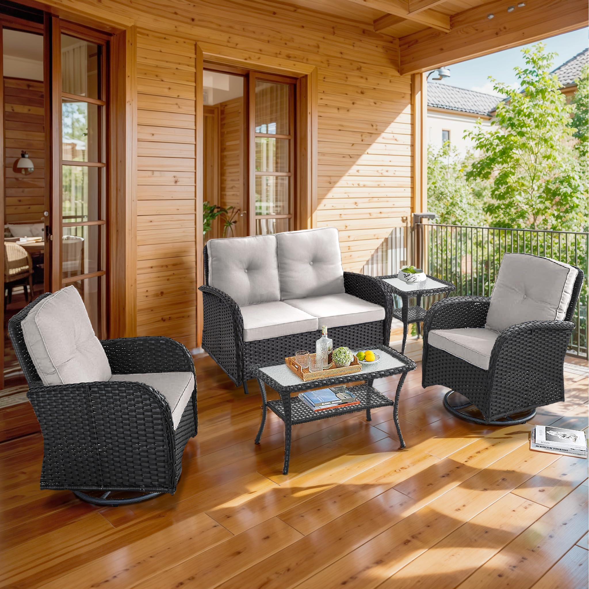 2 in 1 Porch Glider Swivel Chair - Wicker Patio Furniture Outdoor Swivel Rocker Chair with Thick Cushion, 300 Lb Weight Capacity Patio Swivel Glider Seating - Brown Wicker, Grey Cushion