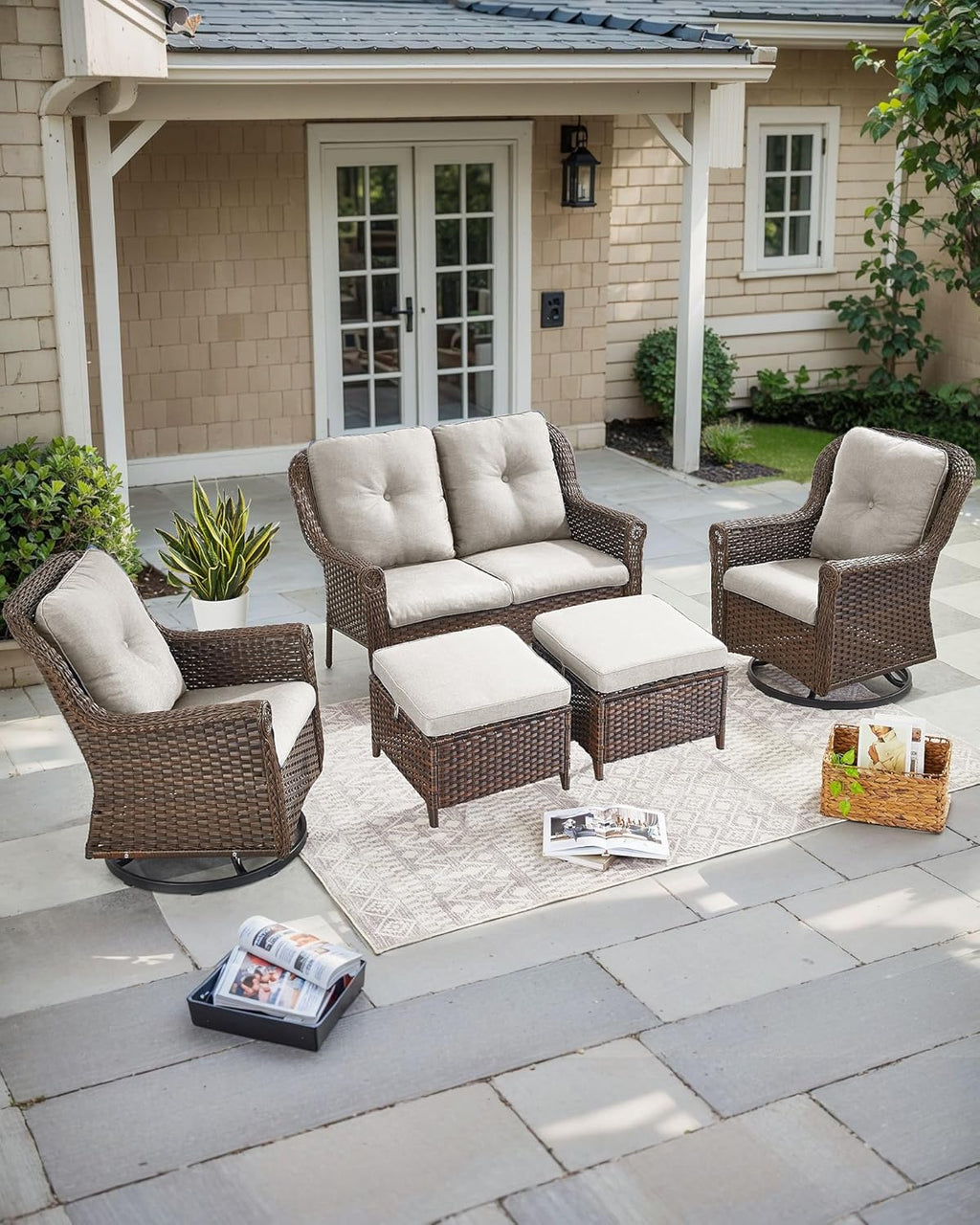 Patio Ottoman Outdoor Wicker Side Table - 2PCS Multipurpose Heavy Duty All-Weather Brown Rattan Extra Seating Bench Footrest Footstool for Garden Back Porch Poolside Apartment - Beige