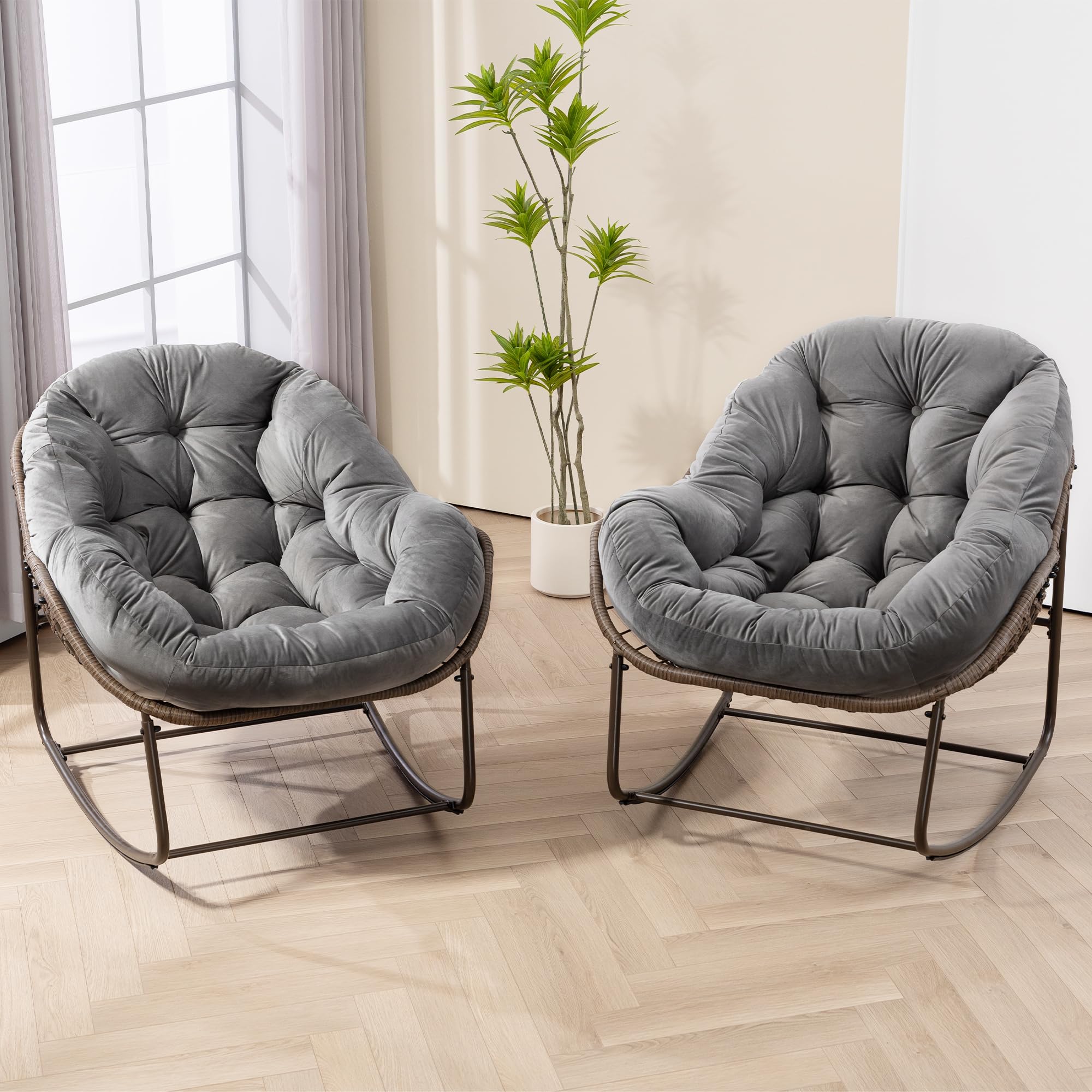 Oversized Papasan Rocking Chair - Outdoor Luxury Comfy Patio Chair, Indoor Egg Royal Rattan Rocking Chair with Strip Velvet Cushion for Front Porch Lounge Lawn Bedroom Living Room (Navy)